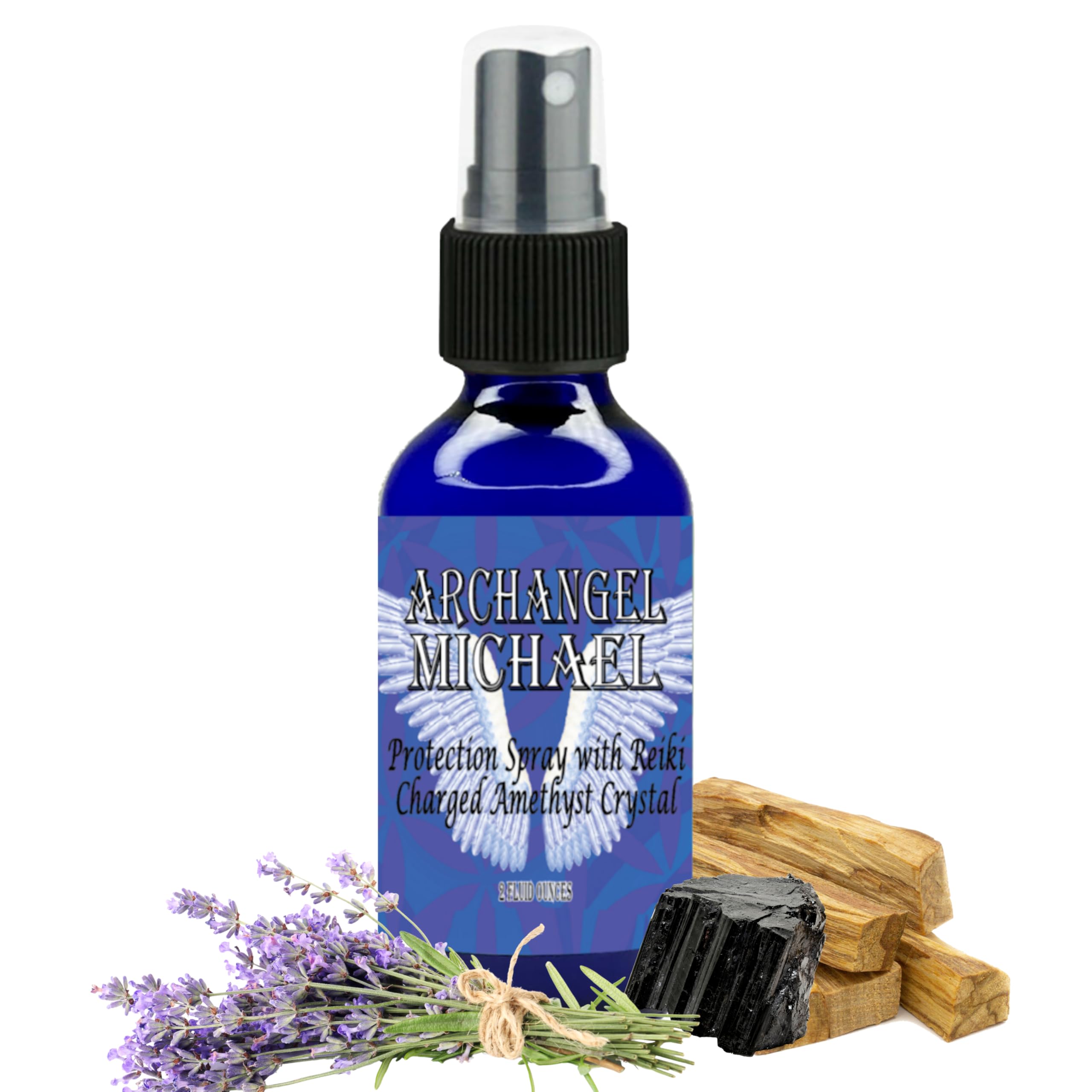 Archangel Michael Sacred Spray with Reiki Charged Amethyst Crystal (2 oz) - High Frequency Essential Oil Blend Includes Palo Santo, Angelica & Blue Cypress in Glass Bottle
