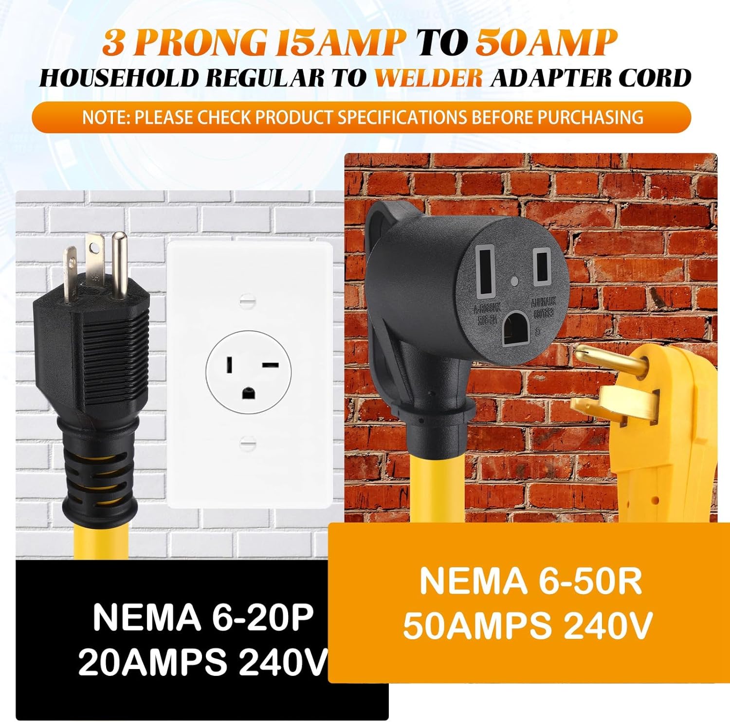 15FT 20Amp to 50Amp Welder Adapter Cord Compatible with NEMA 6-20P to 6-50R 3 Prong 20Amp Household Regular to Welder Power Adapter for Welding Machine with Handle, STW 10 AWG, ETL Listed