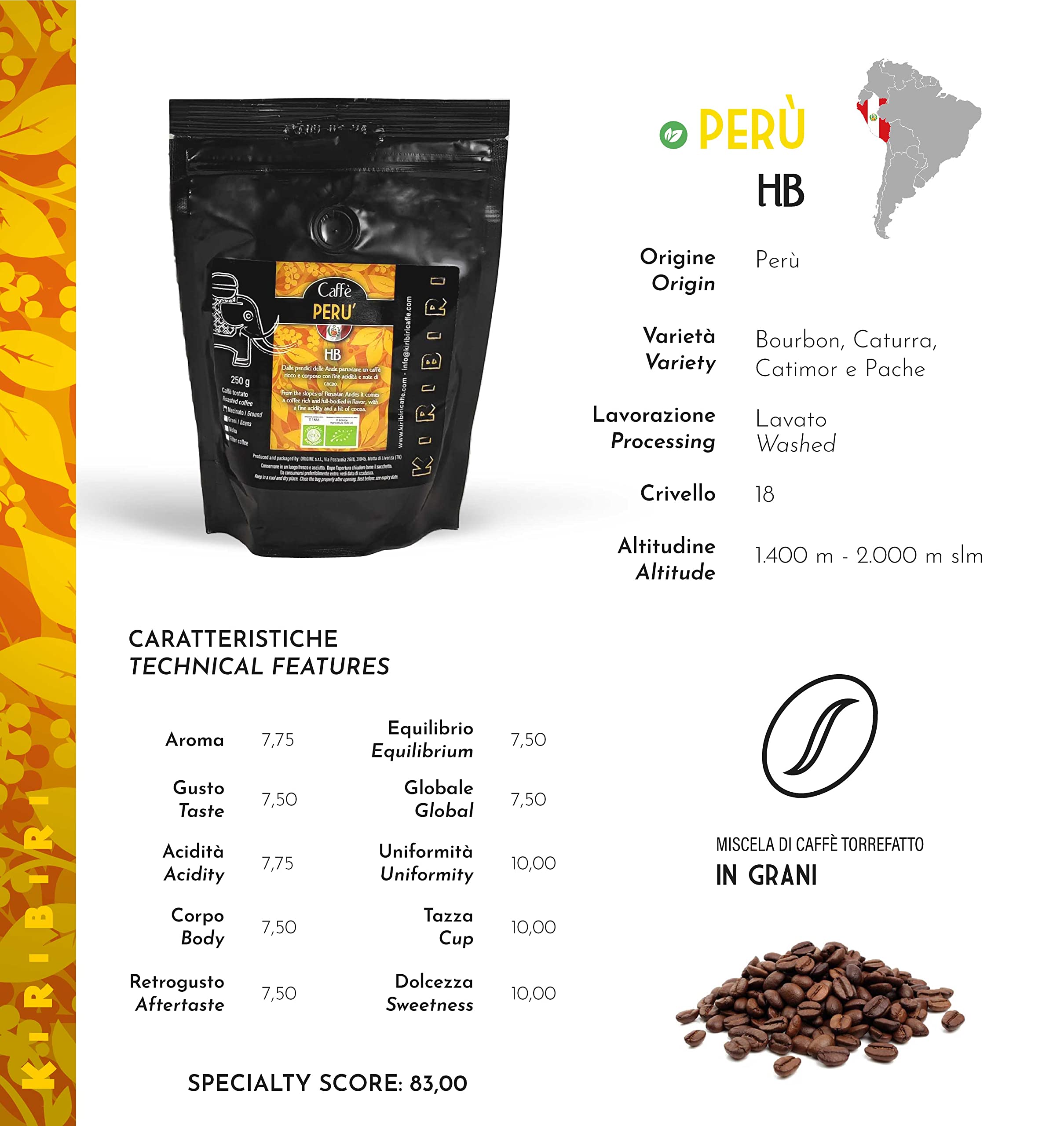 KIRIBIRI Café Especial de Origen 100% Arábica en Grano - Paquete de 4 x 250 g - Orígenes: Colombia, Costa Rica, Perú Orgánico, Etiopía