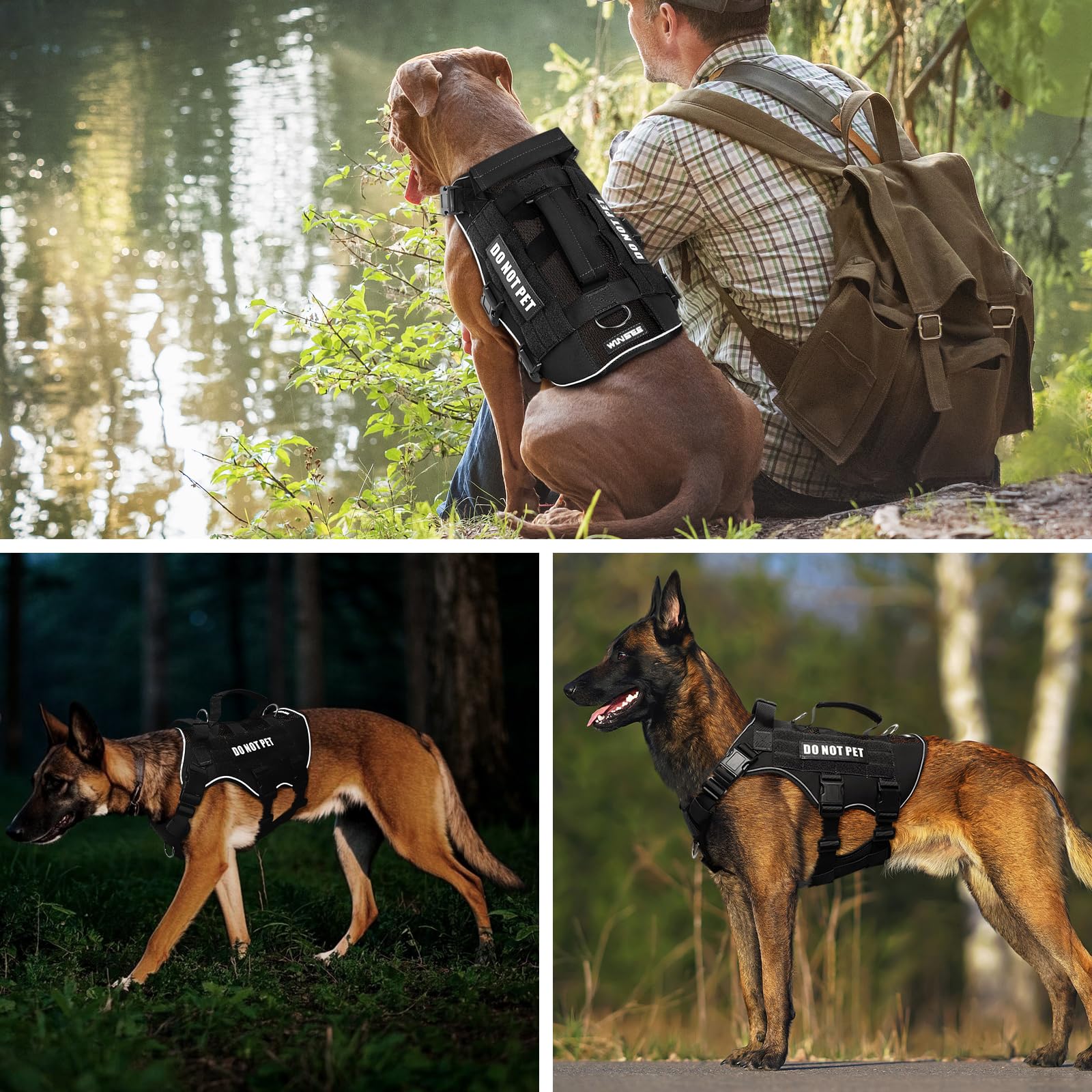 WINSEE - Arnés de malla de entrenamiento para perro con 10 parches para mascotas, malla de aire suave, transpirable, chaleco táctico Molle para perro, chaleco reflectante militar sin tirones, con