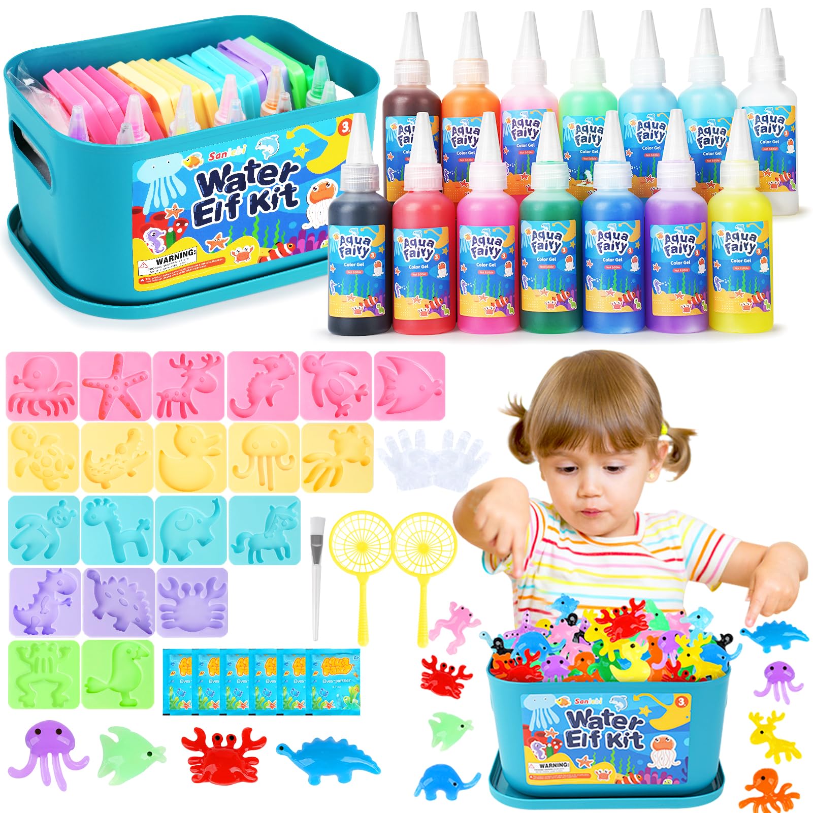 Sanlebi Aqua Fairy Water Gel Kit DIY Toys, 46 PCS Magic Toy Kit, Aqua Gelz Kits for Kids, 20 Molds & 14 Gels, Educational Gift for Boys Gifts Ages 4 5 6 7 8