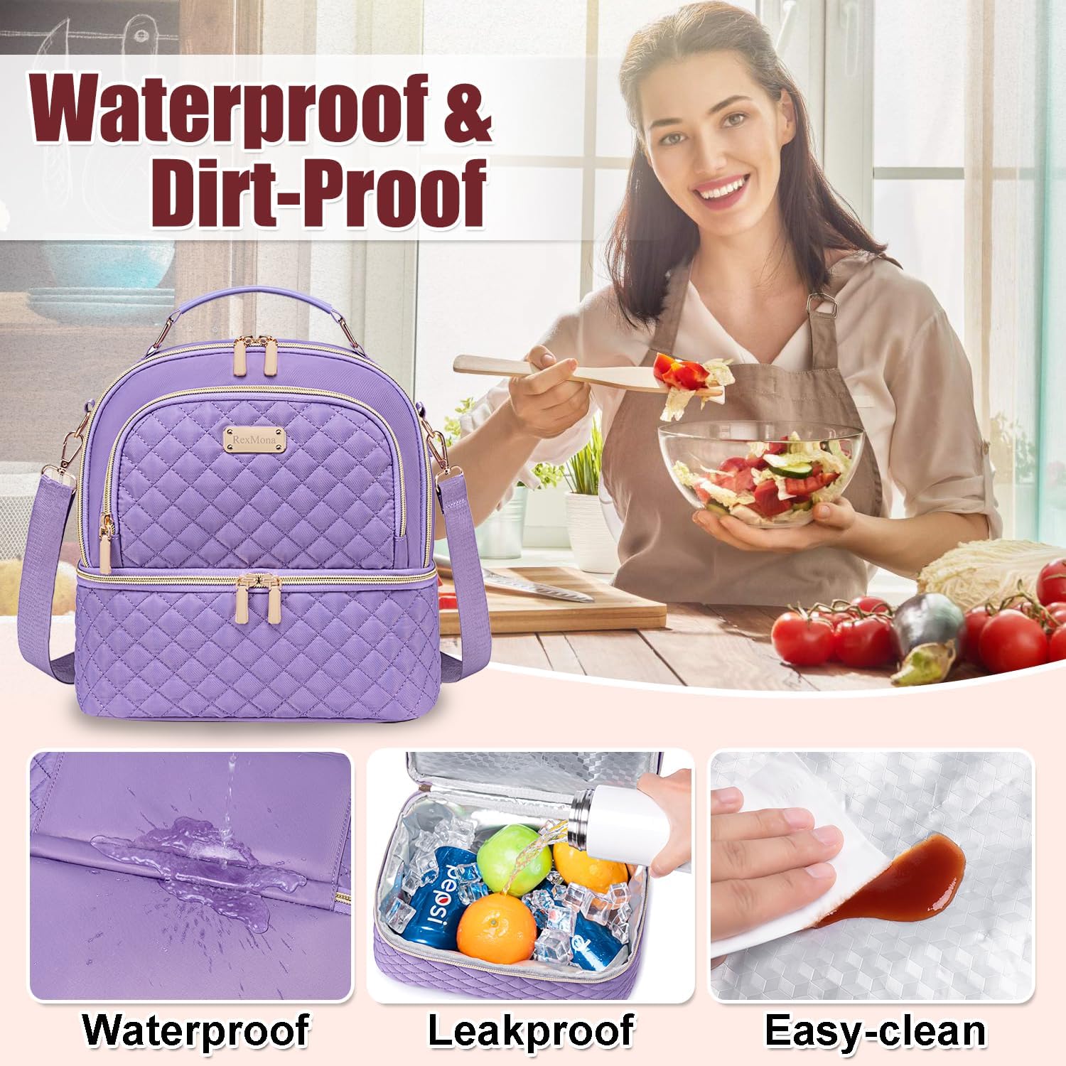 Lunch Bag for Women,Dual Compartment Lunch Box for Womens, Insulated Lunchbag Leakproof Lunch Tote Lunch Cooler Bag for Women Men,Lunchbox with Adjustable Strap for Work Picnic Beach - Image 5