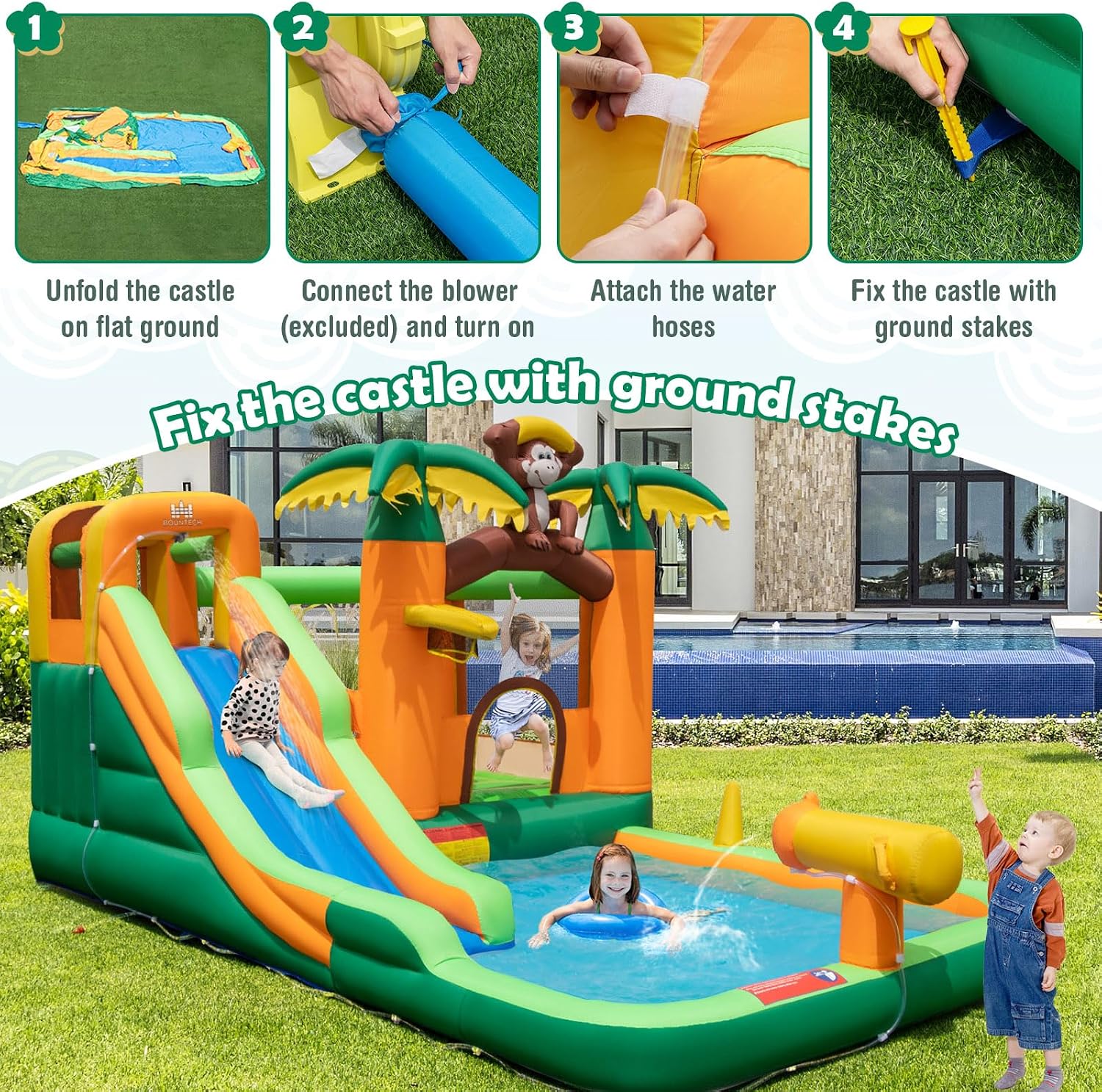 BOUNTECH Inflatable Water Slide, Jungle Kids Water Park Jump Castle with Long Slide, Big Splash Pool, Water Slides Inflatables for Kids, Blow up Backyard Party Outdoor Water Slide Bounce House