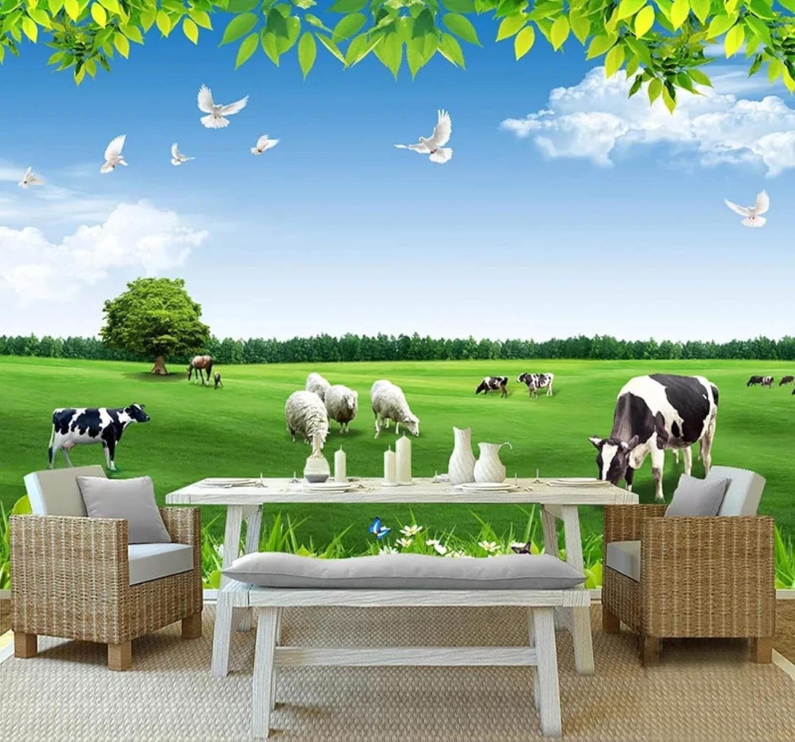 XLMING Blue Sky White Clouds Herd of Cattle Grassland Natural Scenery 3D Wallpaper Silky Texture Home Study Office Grey Dining Room Sofa Bedroom Living Room TV Backdrop-200cm×140cm