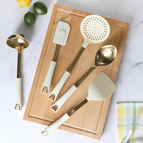 Miniatura 2 de Martha Stewart Lockton - Juego de herramientas de cocina de 5 piezas, utensilios de cocina de acero inoxidable y nailon con asas de lino y detalles