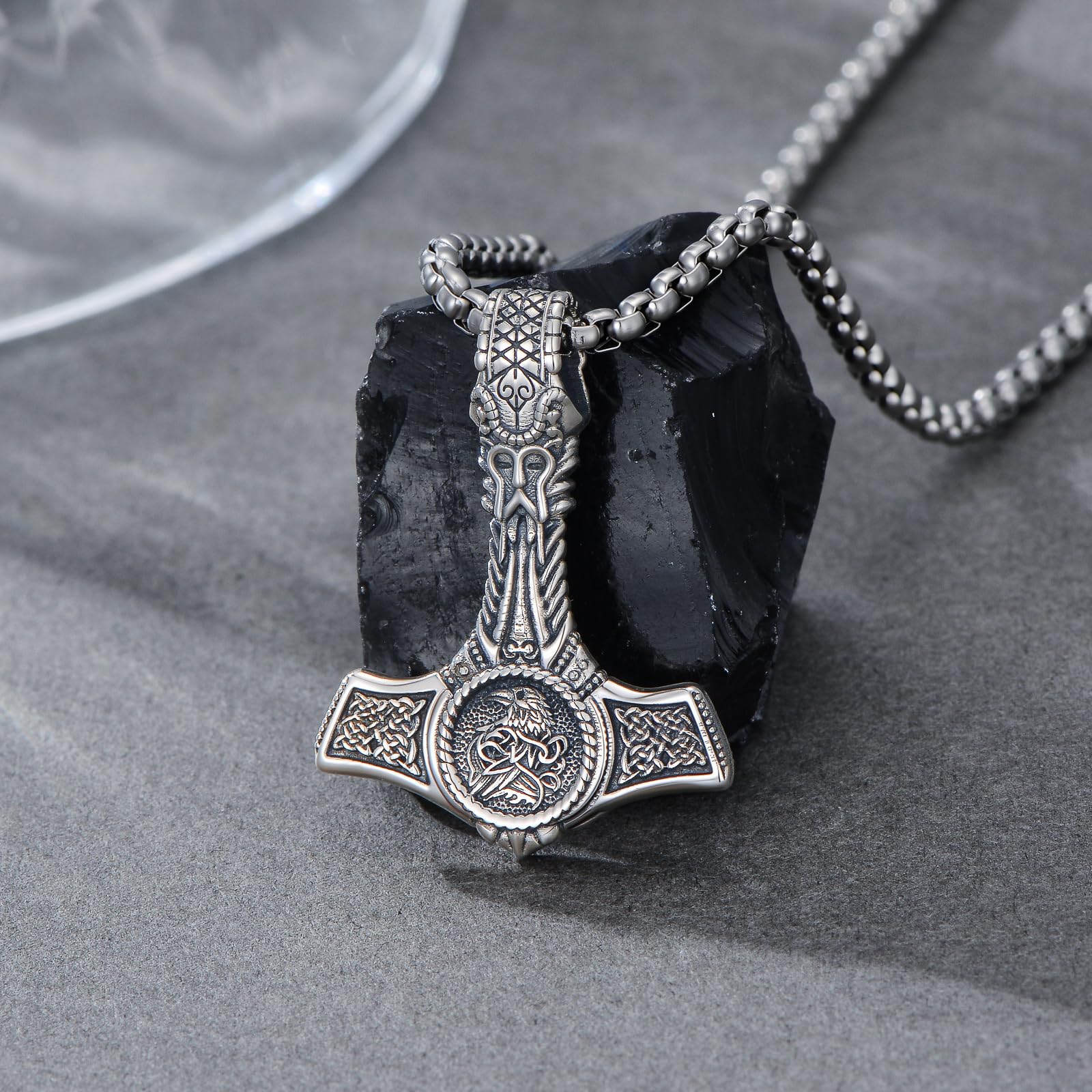 PROESS Thors Hammer Halskette 925 Sterling Silber Wikinger Rabe/Löwe/Wolf Anhänger Kette Keltischer Knoten Schmuck Mjolnir Geschenke für Damen und Herren