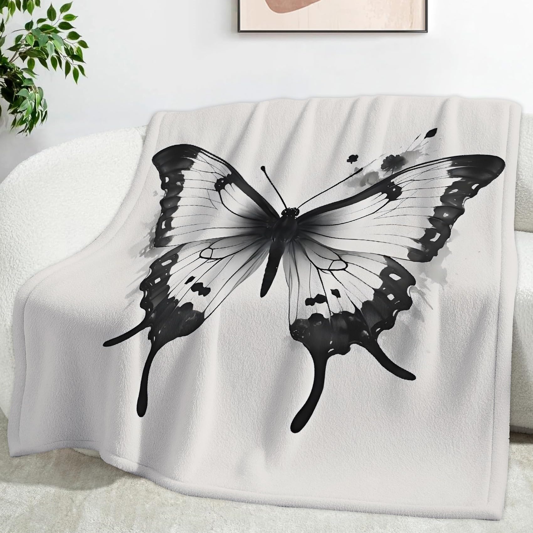 Generisch Puszysty koc czarno-biały motyl 200 x 200 cm, miękki i dwustronny, jasnobeżowy koc polarowy, idealny koc na sofę dla wszystkich, przytulny koc na sofę i łóżko SF419