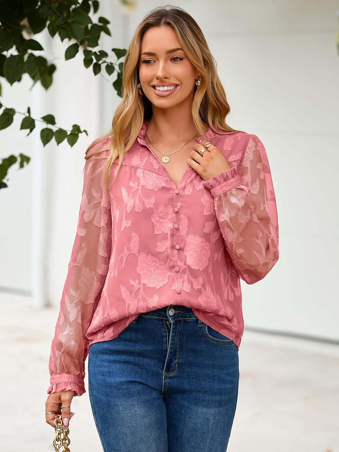 Simplee Womens Dressy Casual Blouses Long Sleeve V Neck Chiffon Burnout Shirts Loose Business Work Top Fall Outfits - Image 4