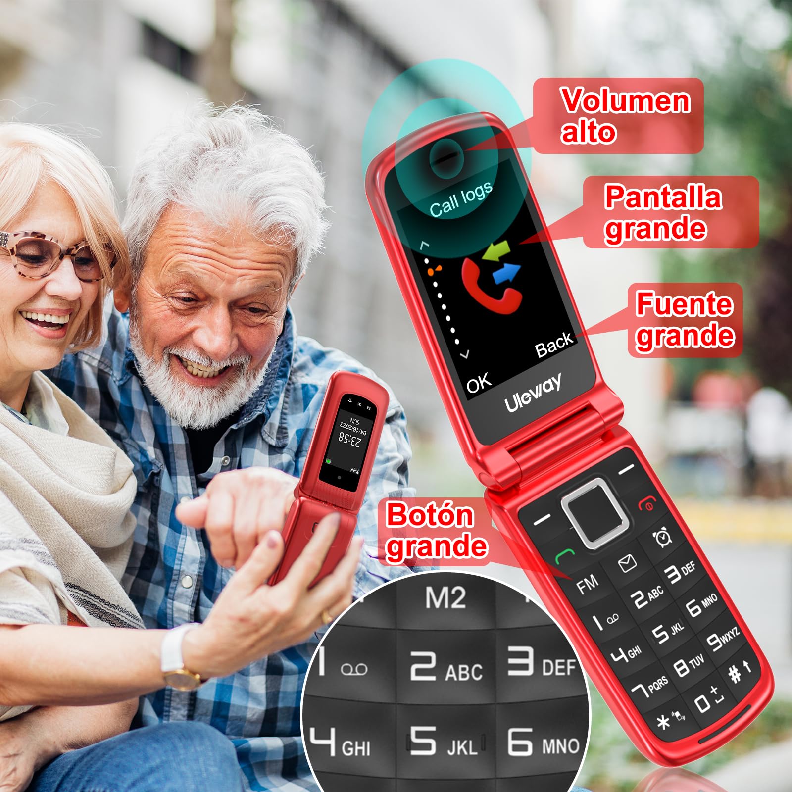 CHAKEYAKE 4G Telefono Movil para Mayores Libre con Teclas Grandes, Doble SIM Doble Pantalla LCD, Teléfono Móvil Personas Mayores con Botón SOS, Cable USB C | Batería 1000mah | Base Cargadora | Rojo