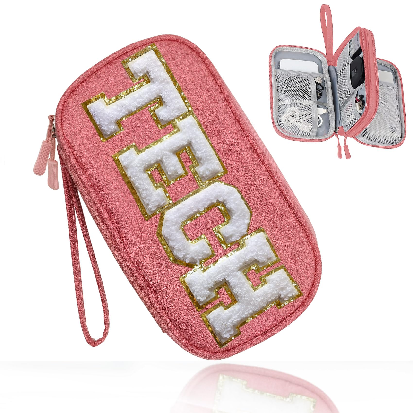 Cord Charger Organizer Travel Case Traveling Trip Gifts for Women TECH Bag Chenille Letter Pouch, Electronics Accessories Summer Camp College Dorm Essentials Must Have for Teen Girls Pink
