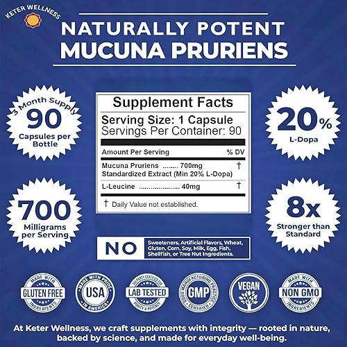 Miniatura 4 de Mucuna L-Dopa 20% - Extracto puro de mucuna pruriens - 90 cápsulas vegetarianas - Altos niveles de L-Dopa