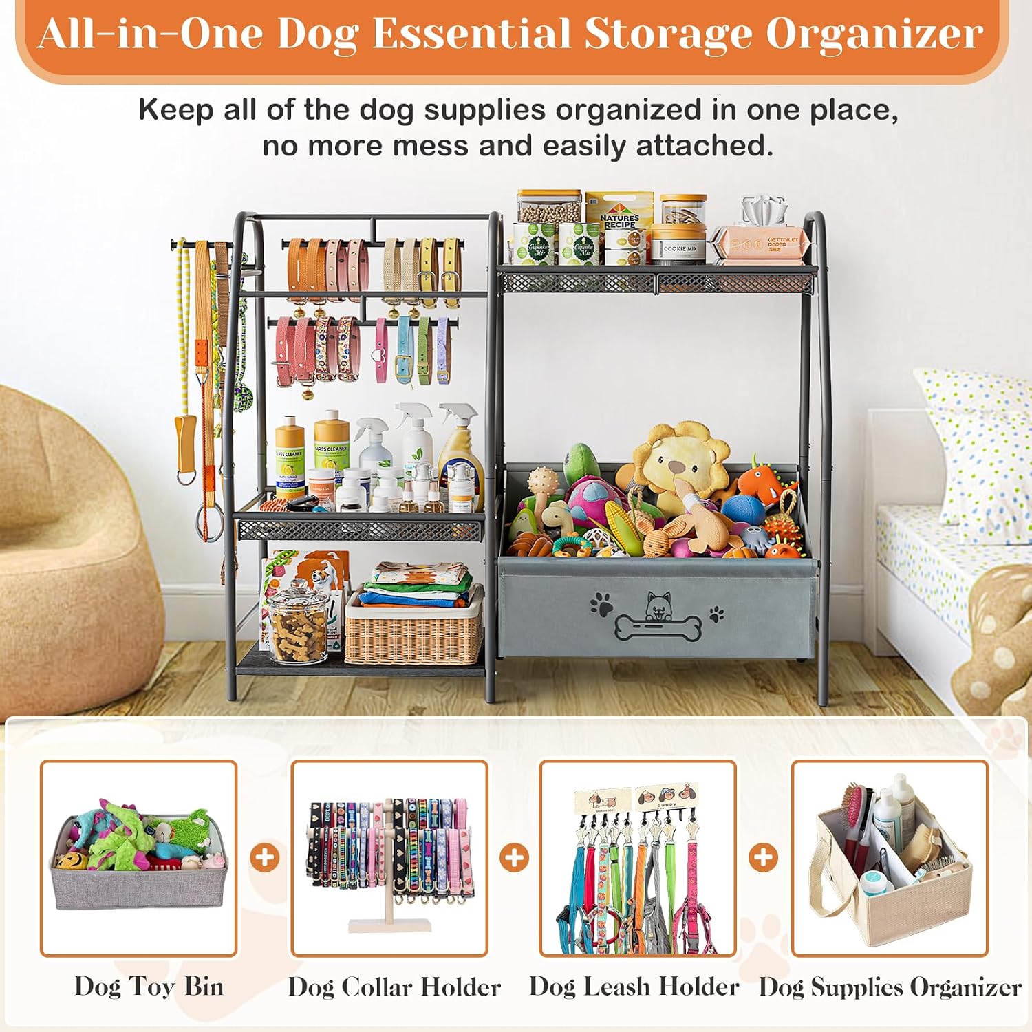 Lomivra Large Dog Toy Basket with Dog Storage Organizer, Trapezoid Toy Bin Box with Collar Leash Holder Hook, Dogs Toy Holder Chest Pet Storage Cabinet for Living Room Dogs Essentials