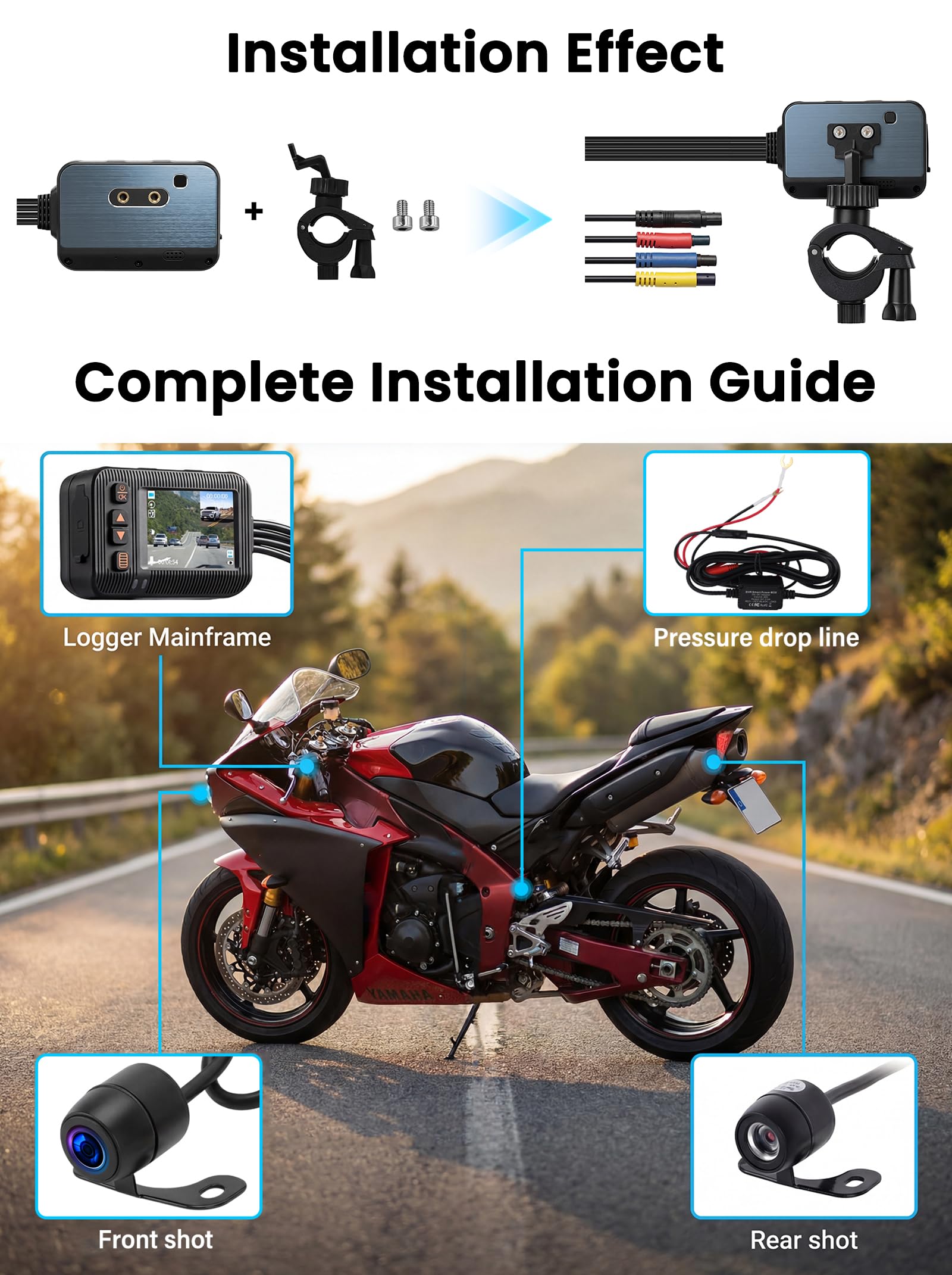 CAMECHO Motorrad Dashcam 2 Zoll Bildschirm, Kamera Doppellinse 1080P Vordere 120° und Hintere 720P 90°, IP67 Wasserdicht, Motorradkamera mit HDR, G-Sensor, Loop-Aufzeichnung