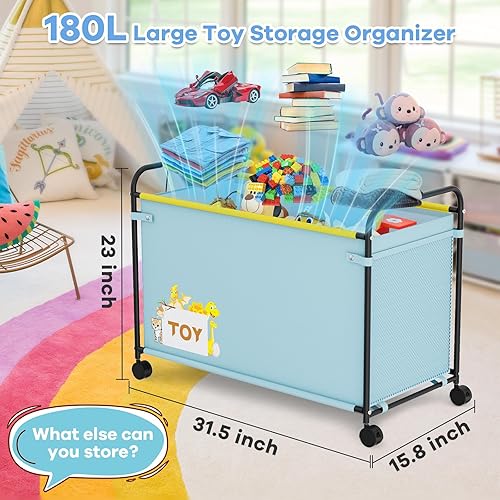 Miniatura 2 de Caja de juguetes extragrande, organizador de almacenamiento de juguetes de 180 litros con ruedas, caja de juguetes de tela Oxford y metal con asa,