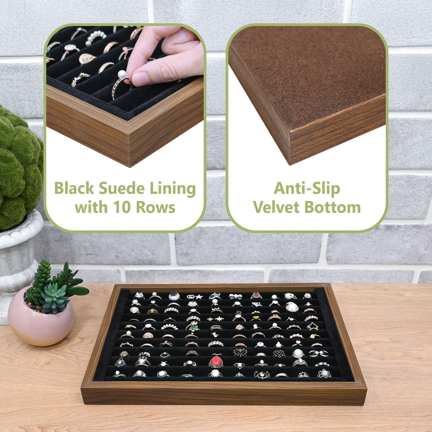 MOOCA 2 Pcs Wooden Ring Display Tray Set with Black Suede Lining, Ring Organizer for Jewelry Storage and Display, Walnut Color, 14W x 9.7D x 1.2H in