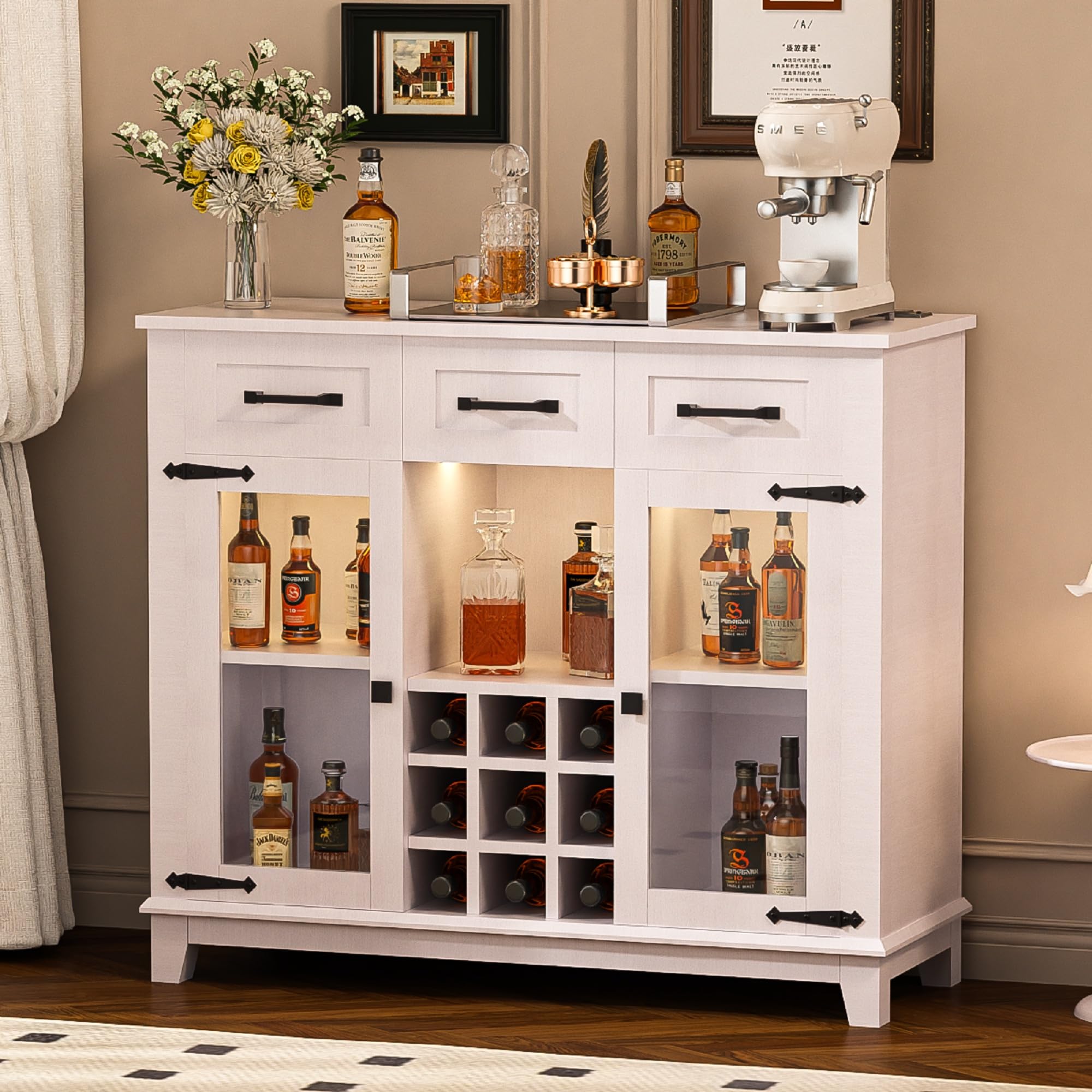 AeasyG Farmhouse Coffee Bar Cabinet with LED Light and Power Outlet, 47'' White Freestanding Liquor Table & Wine Glass Rack, Home Corner Buffet Sideboard for Kitchen, Dining Room, Living Room