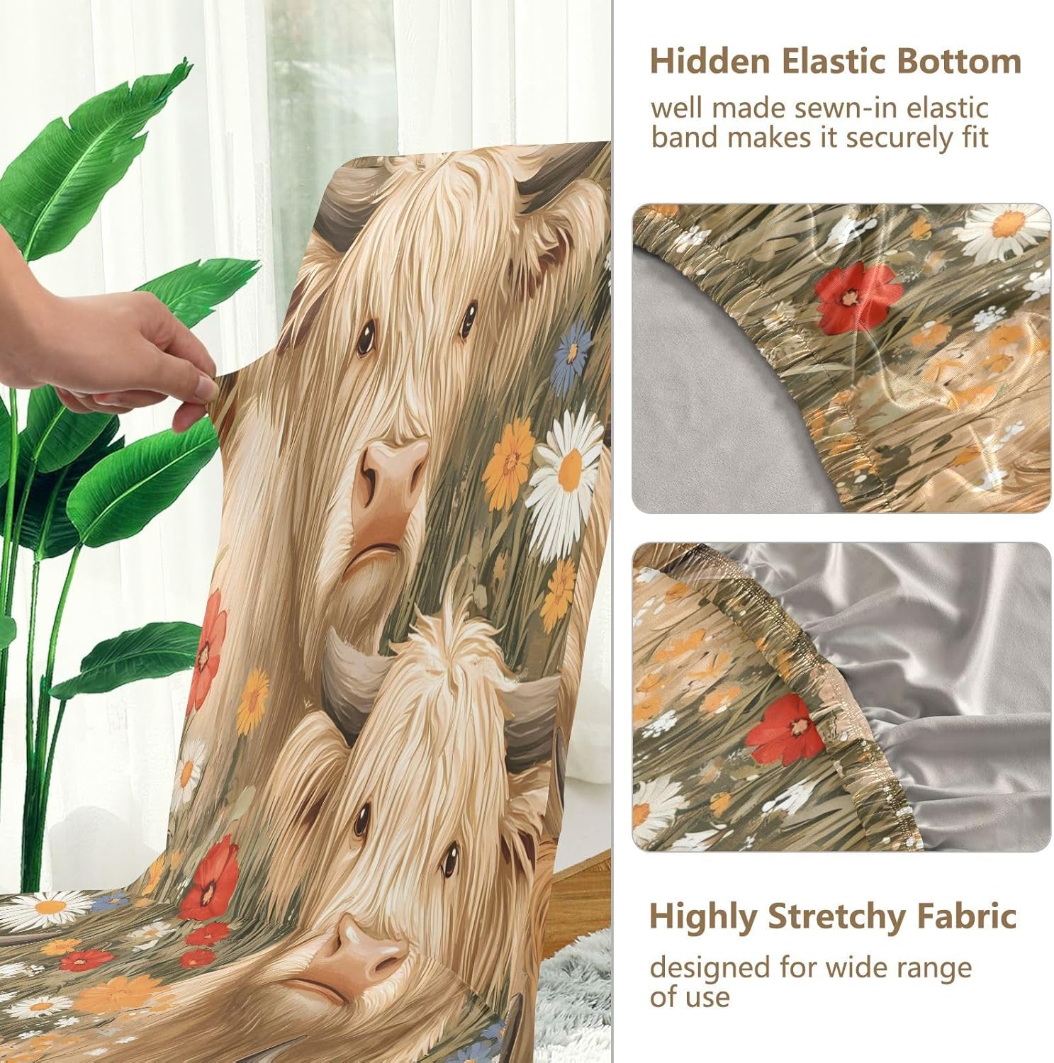 ALAZA Chair Covers for Dining Room, Highland Cattle Colorful Flower Pattern Stretch Chair Cover Sets Chair Protector Removable Washable for Ktichen Restaurant Hotel