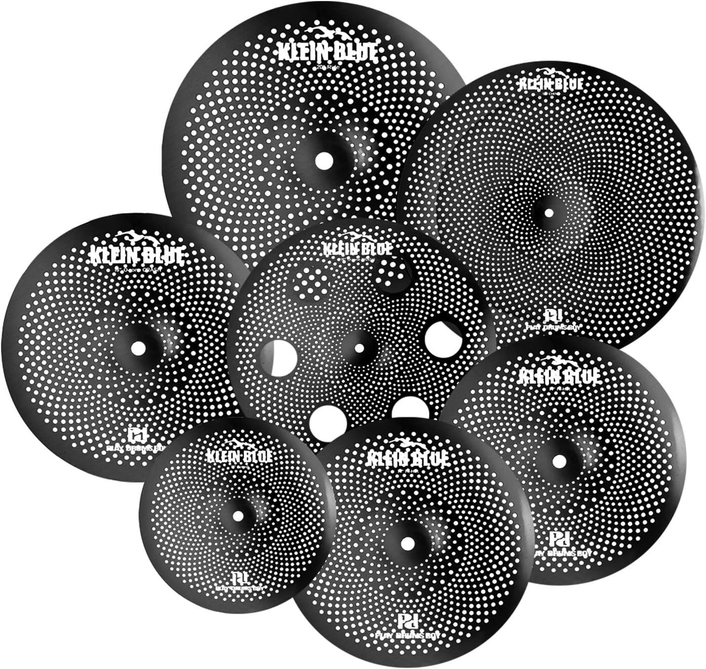 7-Piece Low-Volume Silent Cymbal Set – Blue. Includes 10″ Splash, pair of 14″ Hi-Hats, 16″ Crash, 16″ Trash Crash, 18″ China, and 20″ Ride. Noise practice and studio use-Factory Direct.