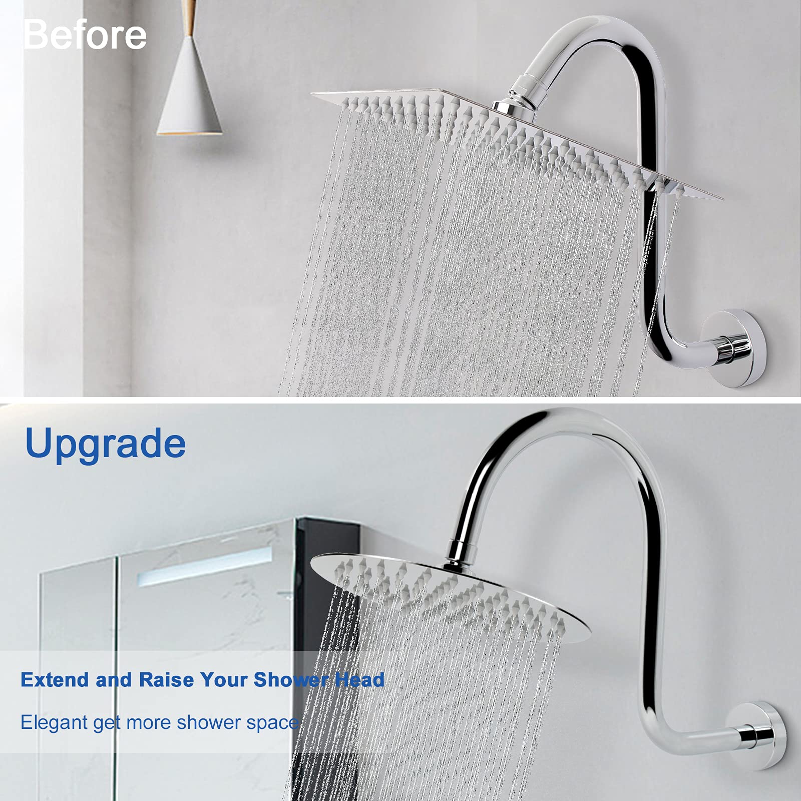 NearMoon Brazo de extensión de ducha en forma de S, brazo de ducha con brida, conexión estándar de 1/2 pulgadas, accesorio de baño, 13 pulgadas (acabado cromado)