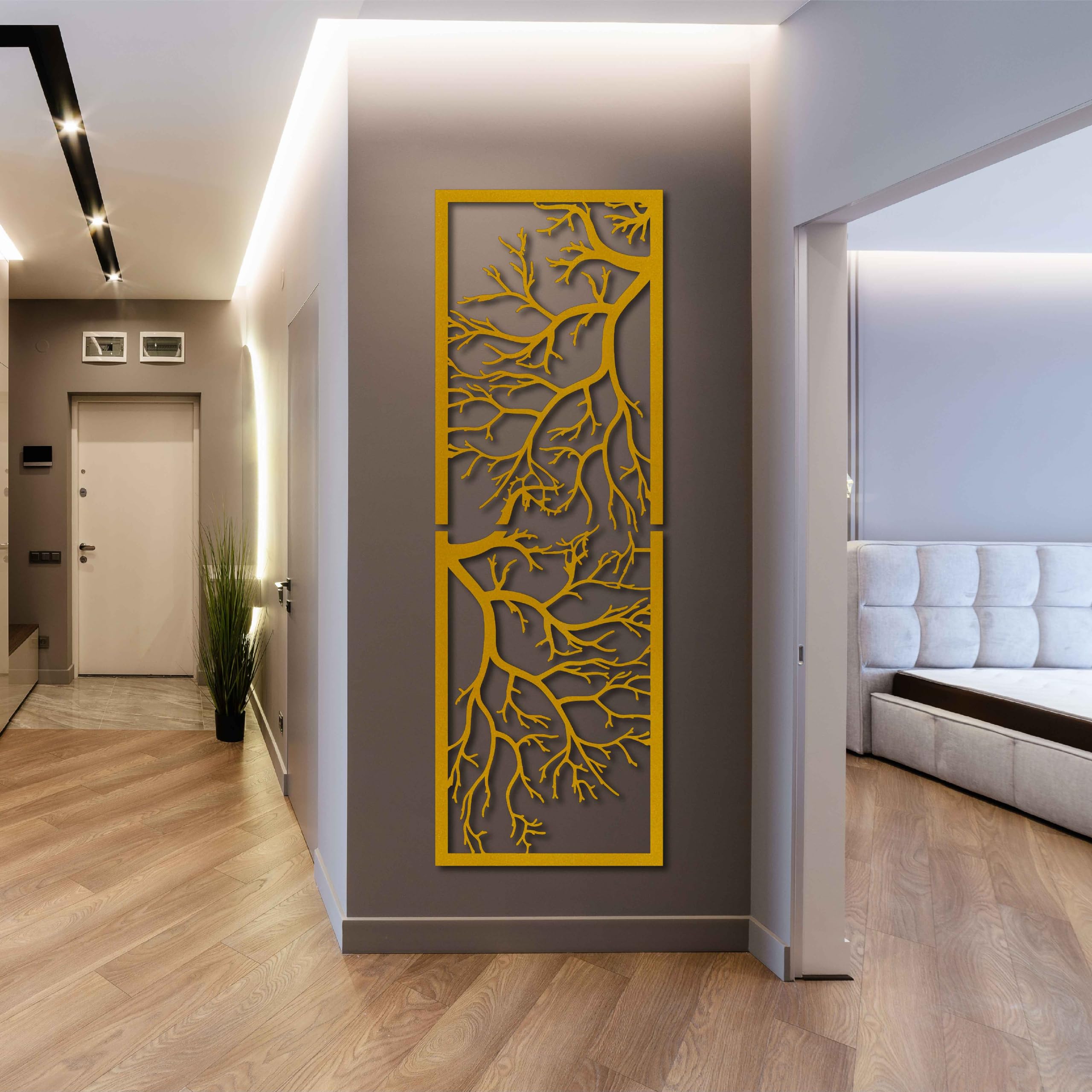KAWA METALWORKS Arte de Pared Vertical de Árbol para Interior y Exterior, Gran Decoración de Pared de Metal para Sala de Estar