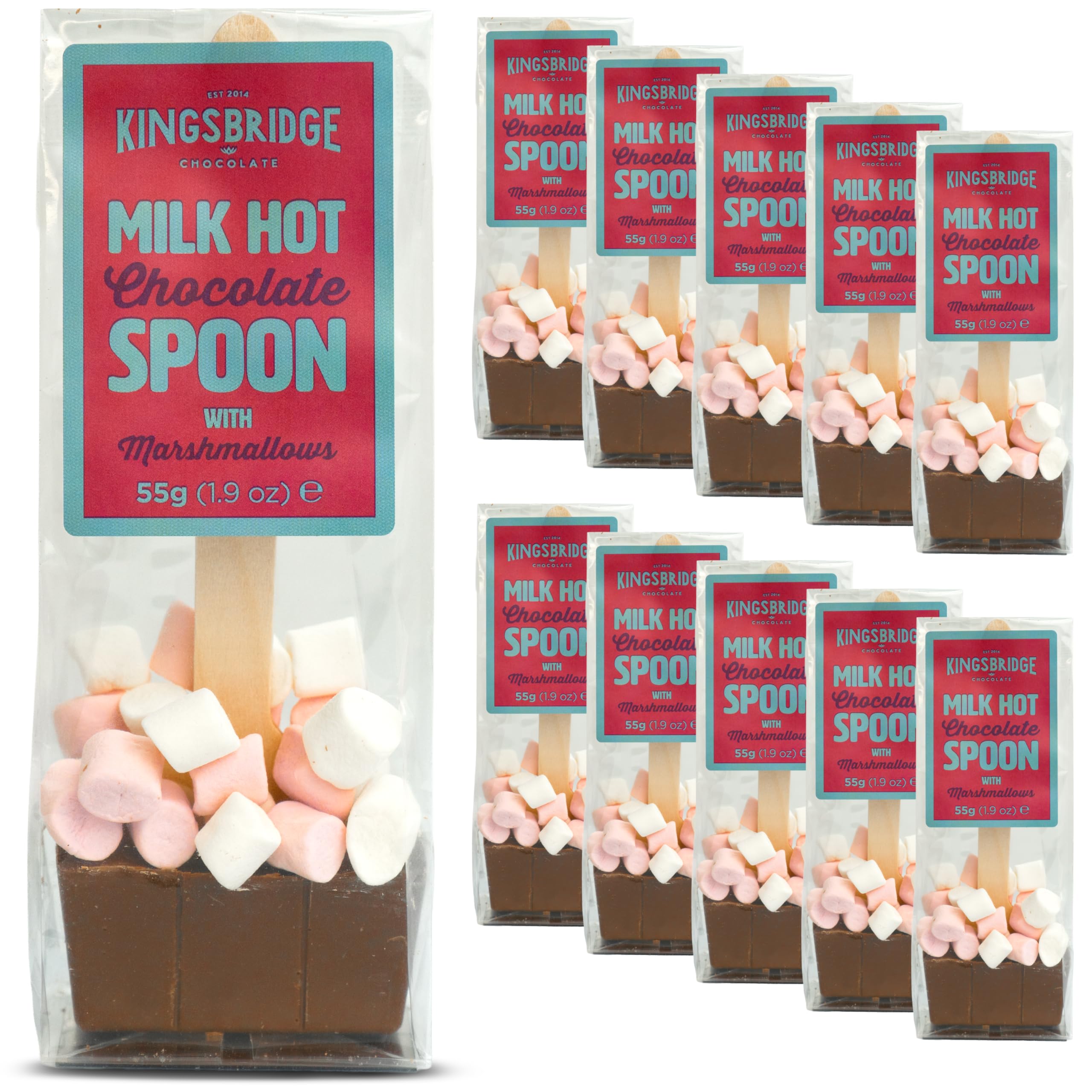 – Kingsbridge Hot Chocolate Spoons - Belgian Milk Choc & Marshmallows, 10 Pack | Choc Block with Wooden Stirrer & Added Sweet Treats | Gifts for Birthdays, Special Occasions or Sleepovers