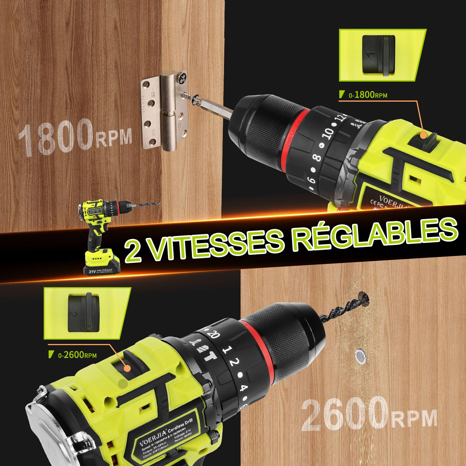 VOERJIA Perceuse Visseuse Sans Fil 21V, Perceuse Percussion Brushless avec 2 Batteries 2000mAh, 65Nm Couple Max, 20+3 Réglages de Couple, 2 Vitesses, LED, Mandrin 10mm, 46 Accessoires et Valise