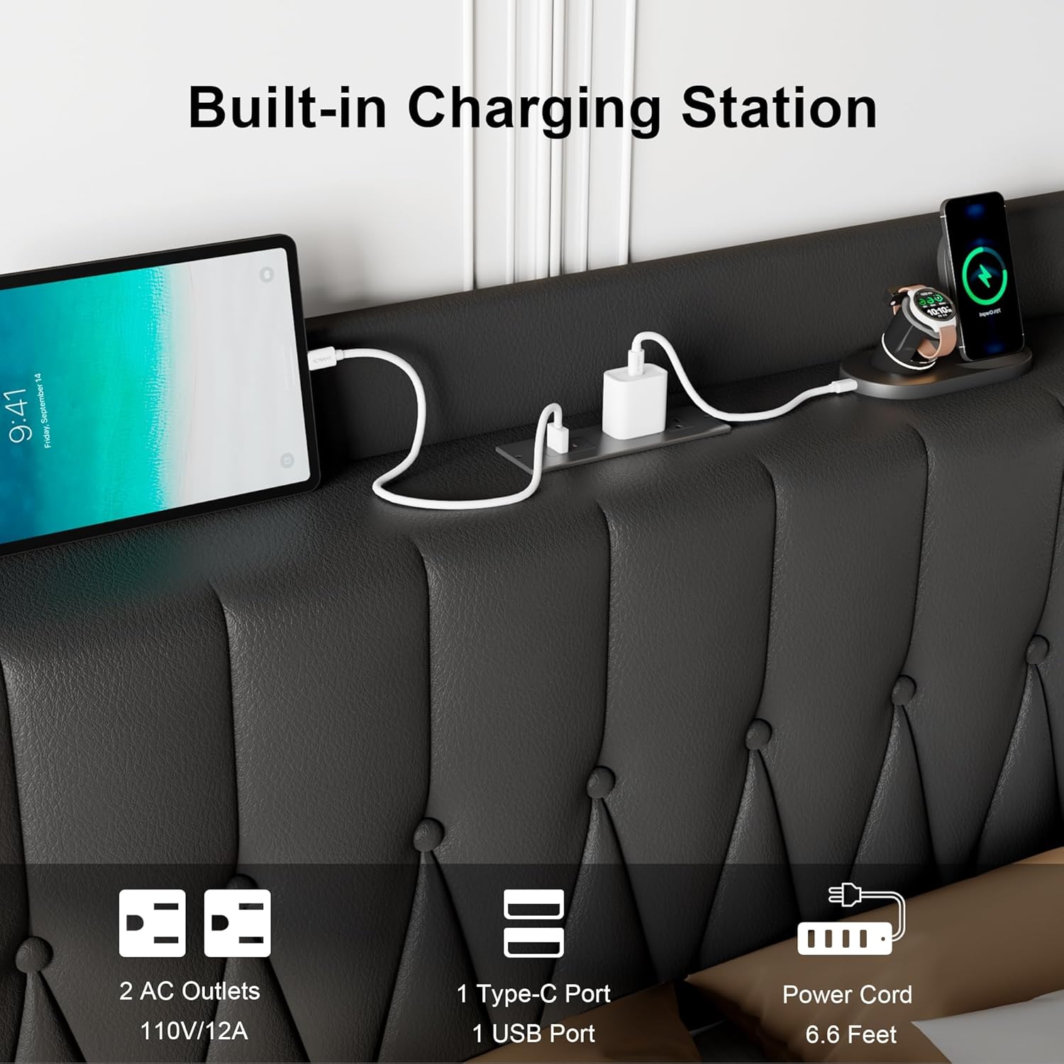 Close-up of the headboard's built-in charging station with 2 AC outlets, 1 Type-C port, and 1 USB port.