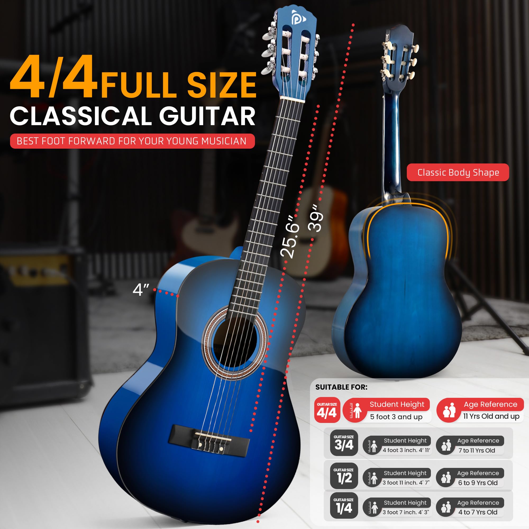 Pyle Kit per chitarra acustica per principianti, 4/4, strumento a corda in nylon con capotasto, custodia, tracolla, set di corde extra, chitarre per principianti, adulti e giovani, 101,6 cm, blu