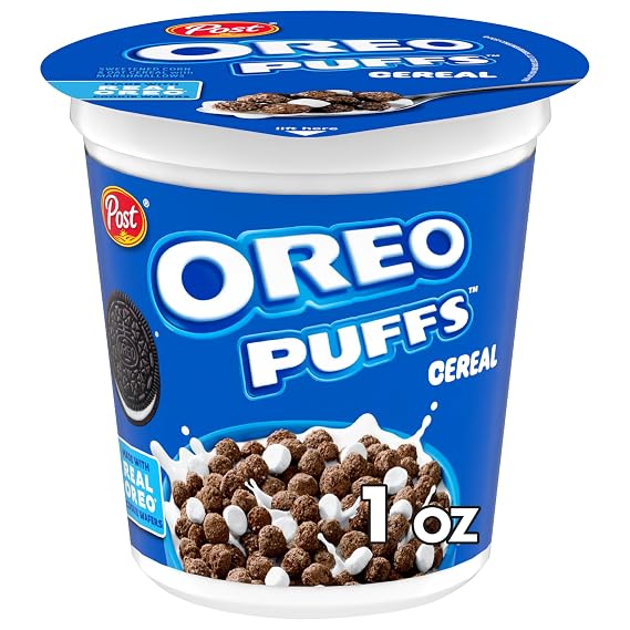 Post OREO PUFFS Chocolate Breakfast Cereal, 1 oz Cup, 12 Pack | Chocolatey Puffs With Marshmallows And Rich Cookie Flavor For A Sweet Cookies And Creme Taste, On The Go Snack