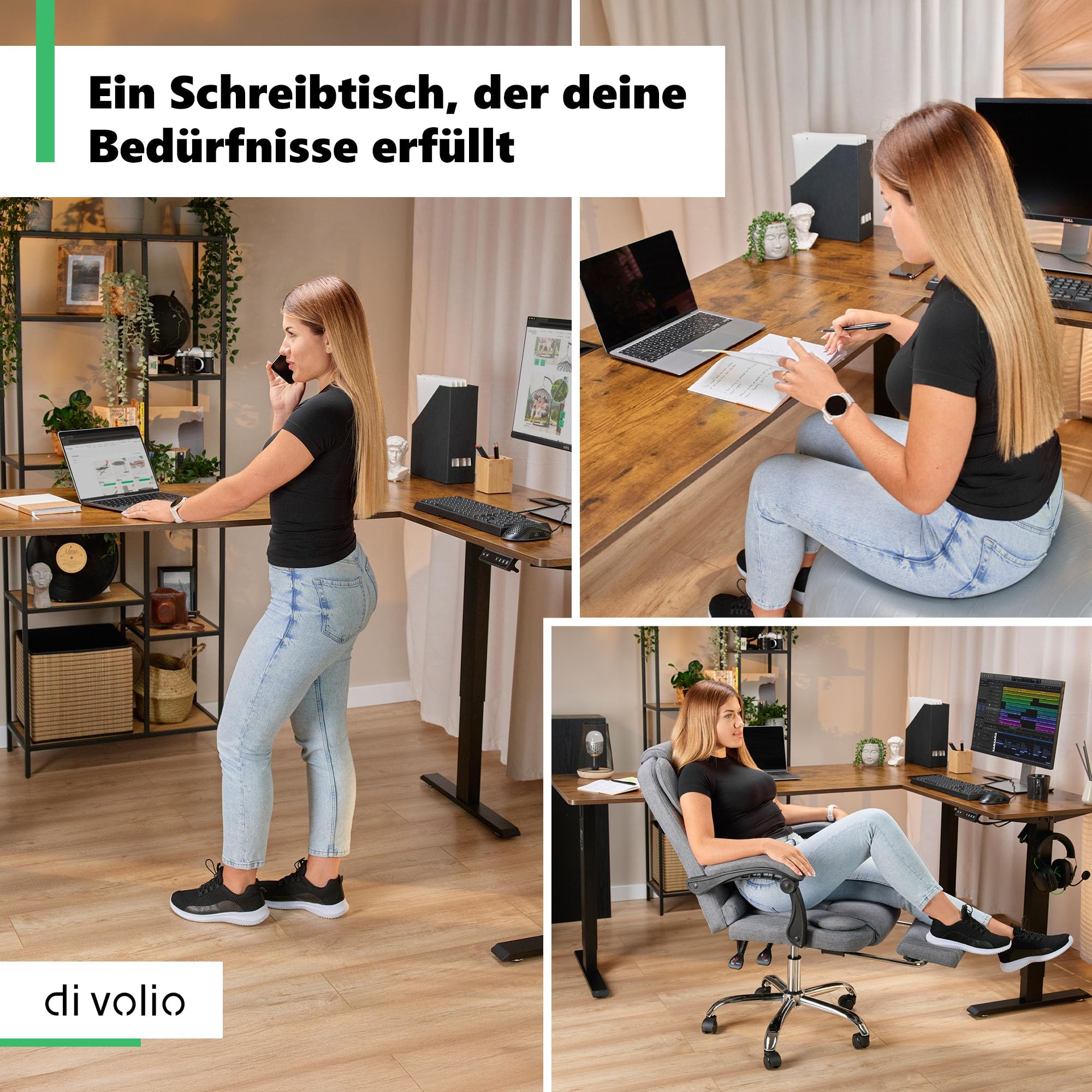 di volio Höhenverstellbarer Eckschreibtisch Braun Rechts 192×137 cm Trani | Elektrischer L-Schreibtisch, 2 Motoren, Memory-Funktion, stabile Konstruktion, Kabeldurchlässe, Haken, für Homeoffice