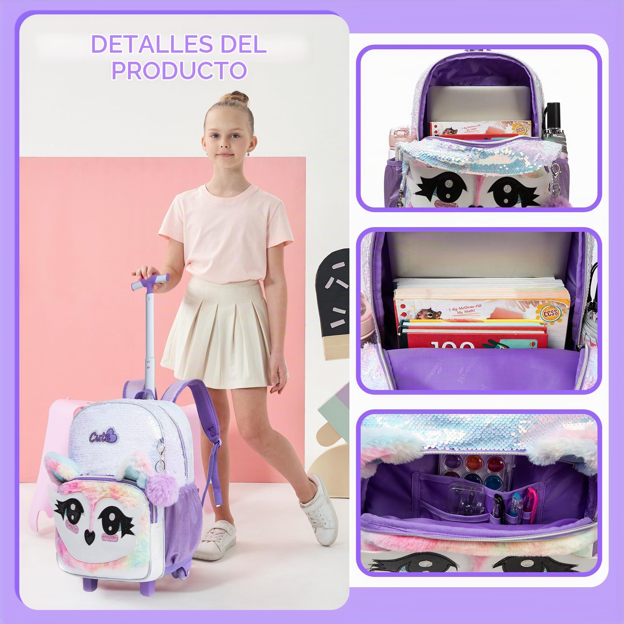 HTgroce 3 in 1 Mochila Escolar Con Ruedas Trolley Escolar para Niñas para la Escuela Primaria,Regalo de la Escuela de Niña.