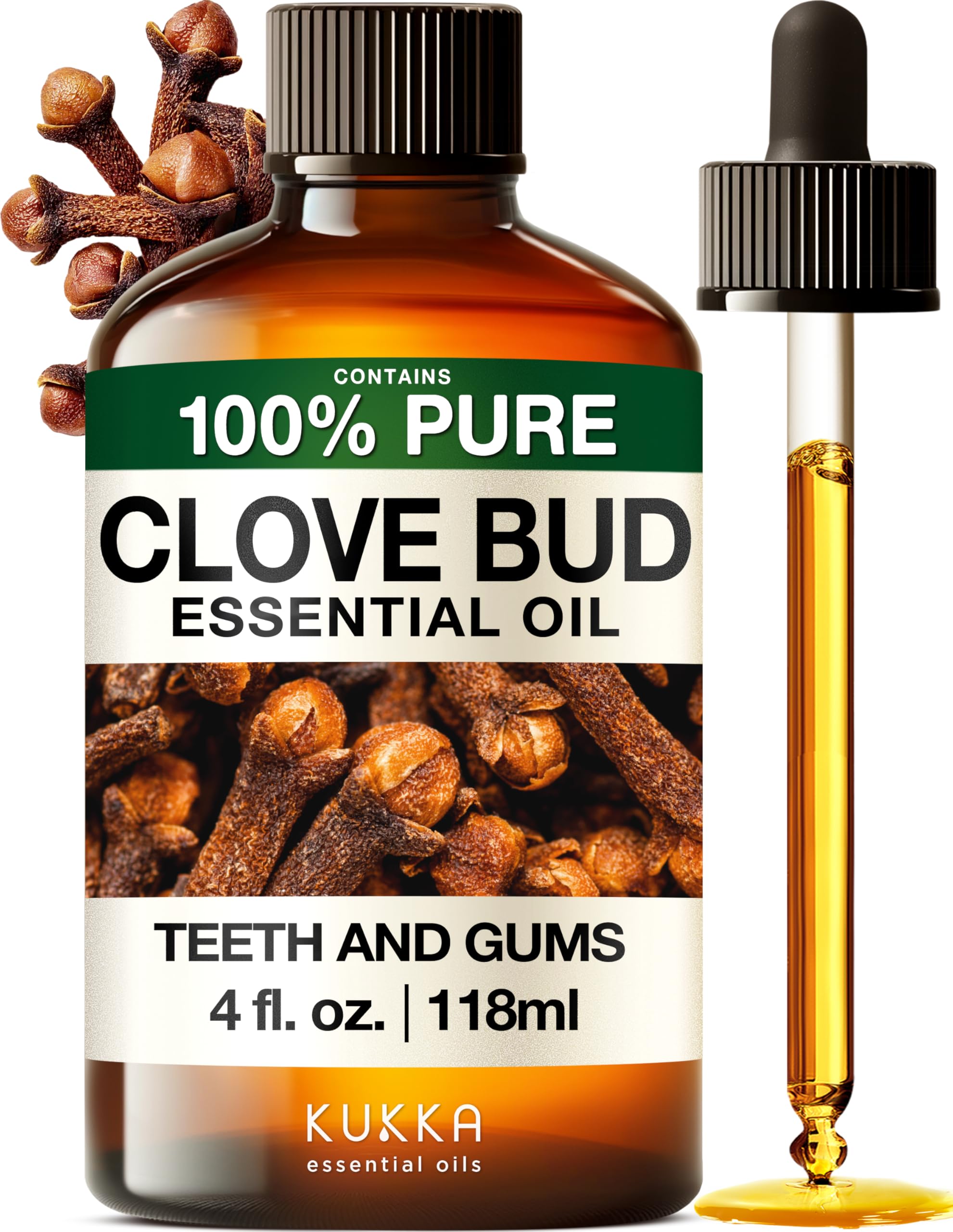 Kukka Clove Oil for Teeth and Gums - 4 Fl Oz - 100% Pure Natural Clove Essential Oil - Steam distilled from Flower Buds for Potency - A Perfect Solution for Oral Care, Hair, Diffuser & DIY Soap Making