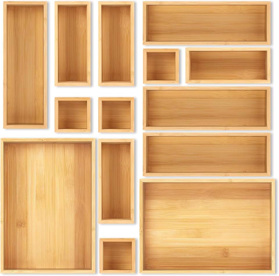 Bamboo Drawer Organizer Set, 14 PCS Multi-Use Individual Wood Storage Organizers, Junk Drawer Divider and Storage Trays Containers