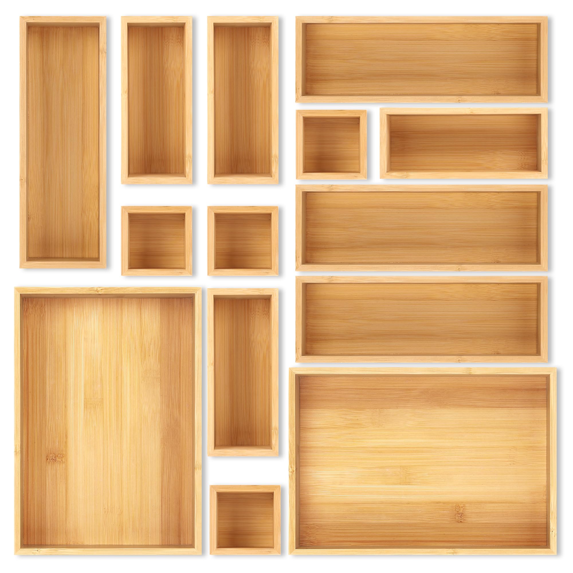 Schubladen-Organizer-Set aus Bamboo, Aufbewahrungsboxen aus Holz, Schubladeneinteiler und Aufbewahrungsboxen, für Küche, Badezimmer, Schreibtisch, Make-up, Schmuck und Besteck, 14-teilig