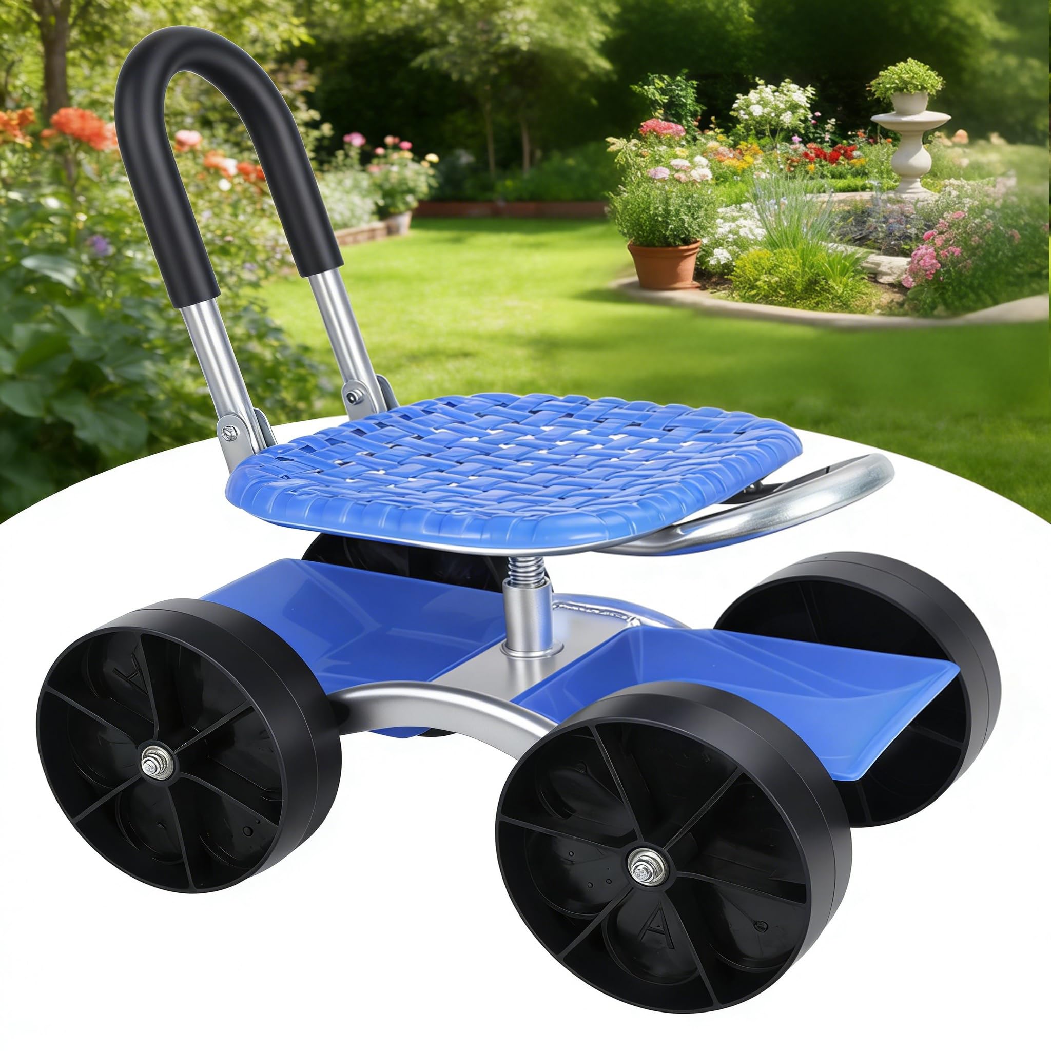 Taeiur Rolling Garden Work Seat with Flat Wheels, Foldable Lazy Utility Garden Rolling Stool, Picking Rotary Tool Cart with Storage Shelf, Adjustable Height Blue