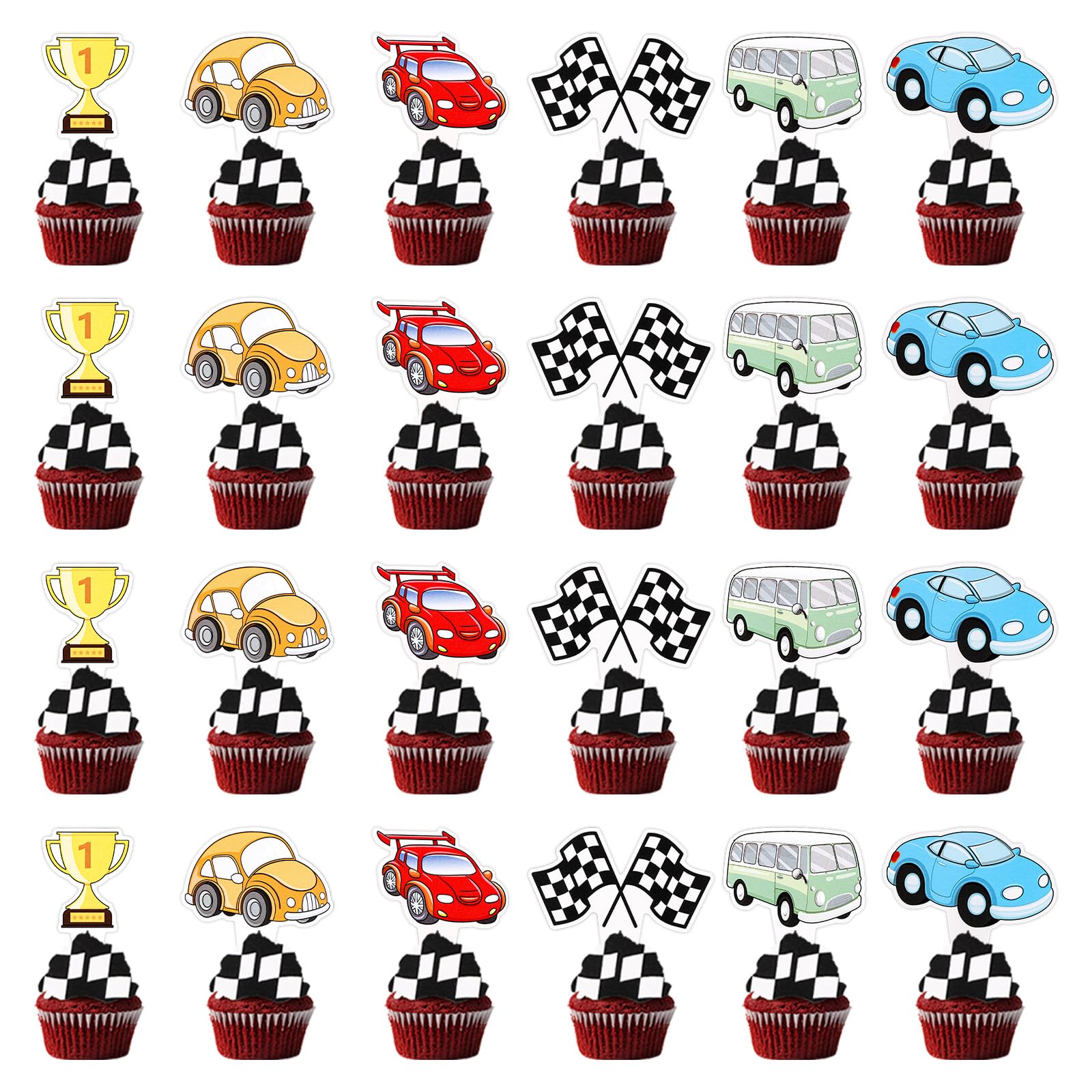 24pcs Car Cupcake Toppers, Race Car Birthday Party Supplies Black White Checkered Flag Cake Decorations Racing Theme Party Favors for Boys Kids