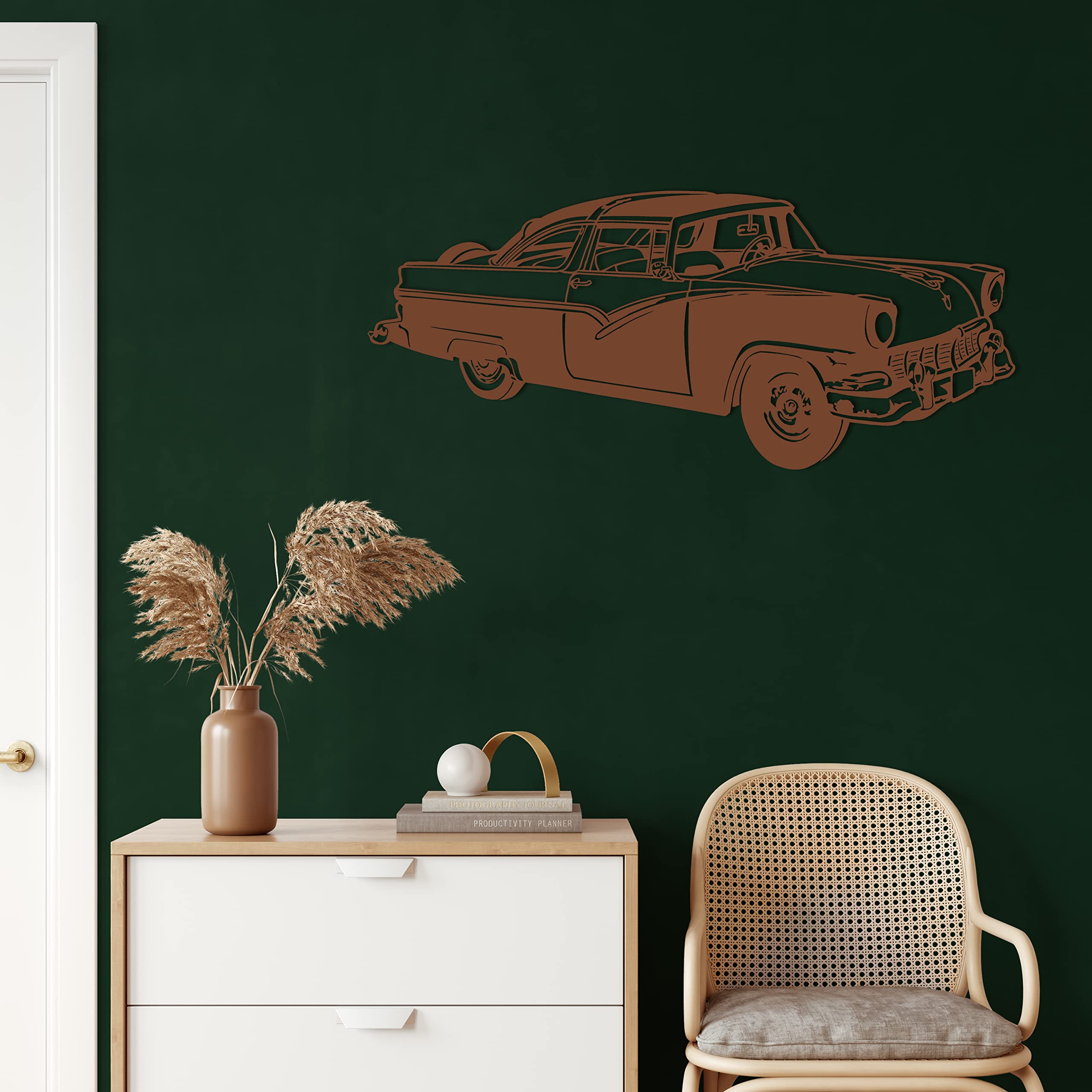 Decoración de pared de metal, coche vintage, decoración de sala de estar, letrero de pared, arte de pared de metal, decoración de interiores, colgantes de interior y exterior, bronce (75 x 32 cm)