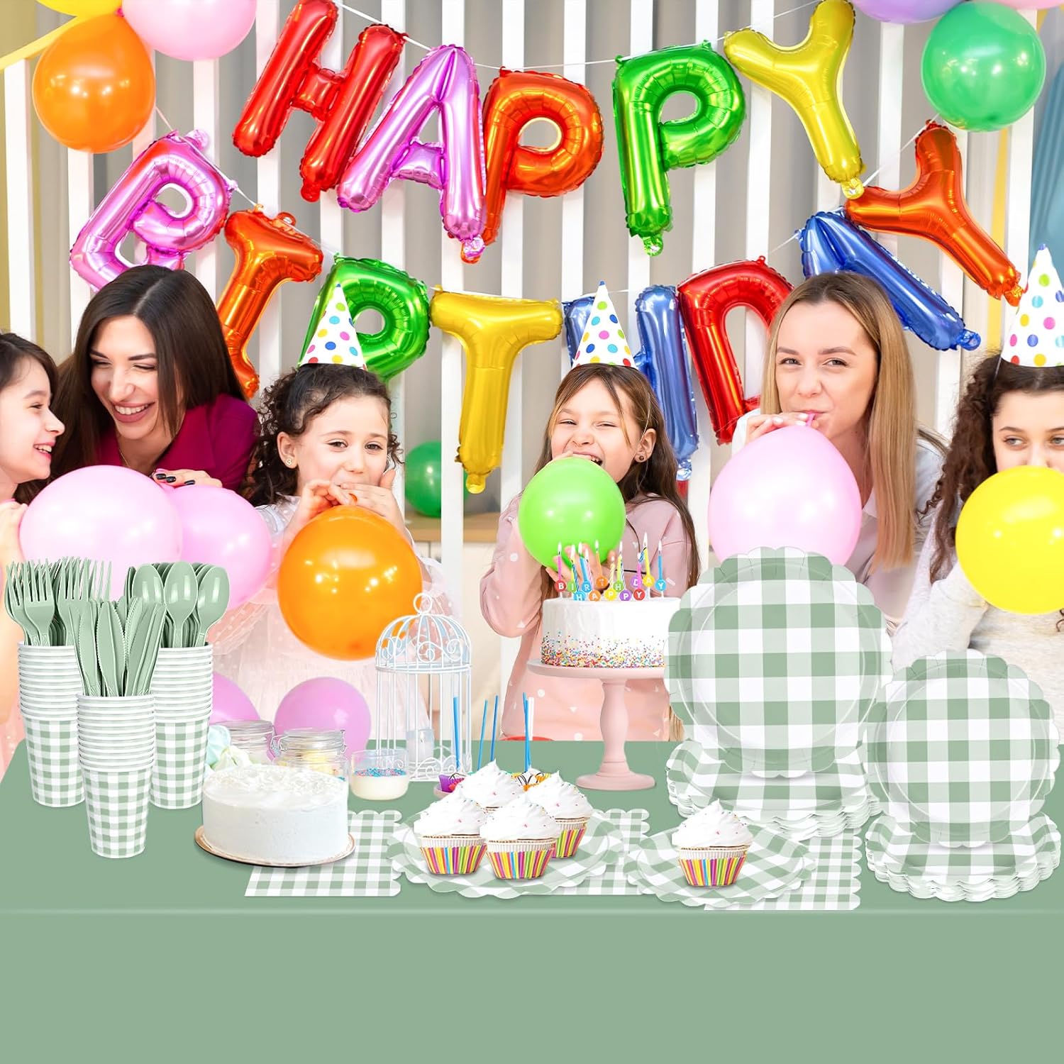 175 PCS Sage Green Gingham Plates and Napkins, Green Checkered Disposable Plates Set with Napkins Cups Plastic Spoons Forks Knives for Dinner Birthday Baby Shower Wedding Supplies Serve 25 Guests - Image 6