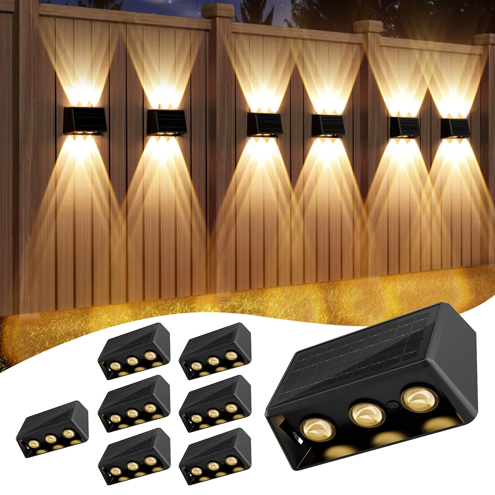 Quntis Solar Wandleuchte Außen 8 Pack 6 LED Solarleuchten Up & Down | 13 Farbmodi IP65 Wasserdicht Solarlampen Garten Warmweiß/Kaltweiß/RGB Zaunbeleuchtung für Terrasse Balkon Zaun Mauer