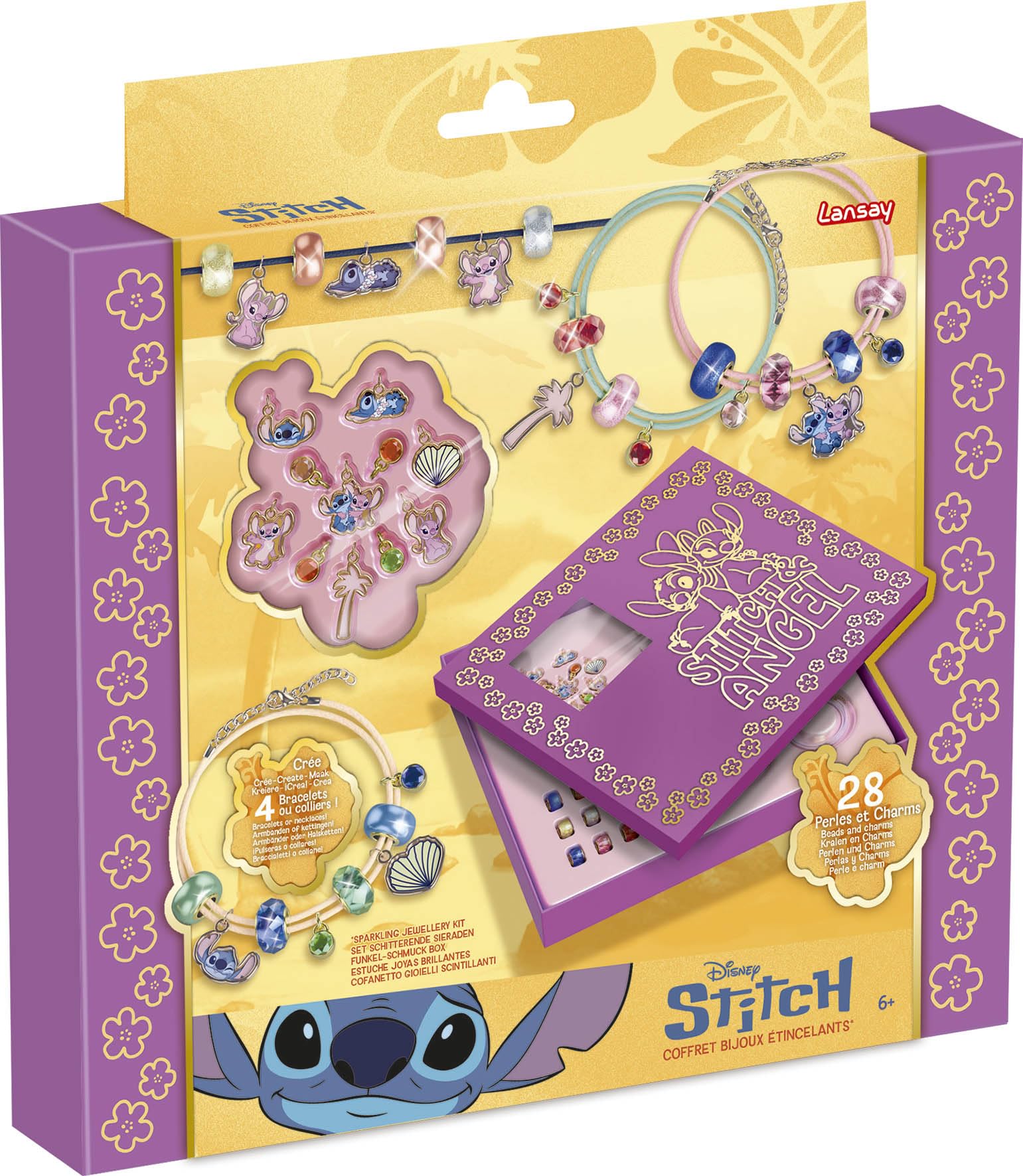 Lansay - DISNEY STICH - Cofanetto Bijoux Scintillanti - Kit Creazione Gioielli per Bambine dai 6 Anni - Include Perline Luminose, Charms Stitch e Angel e Accessori - Idea Regalo Fai-da-Te Creativa