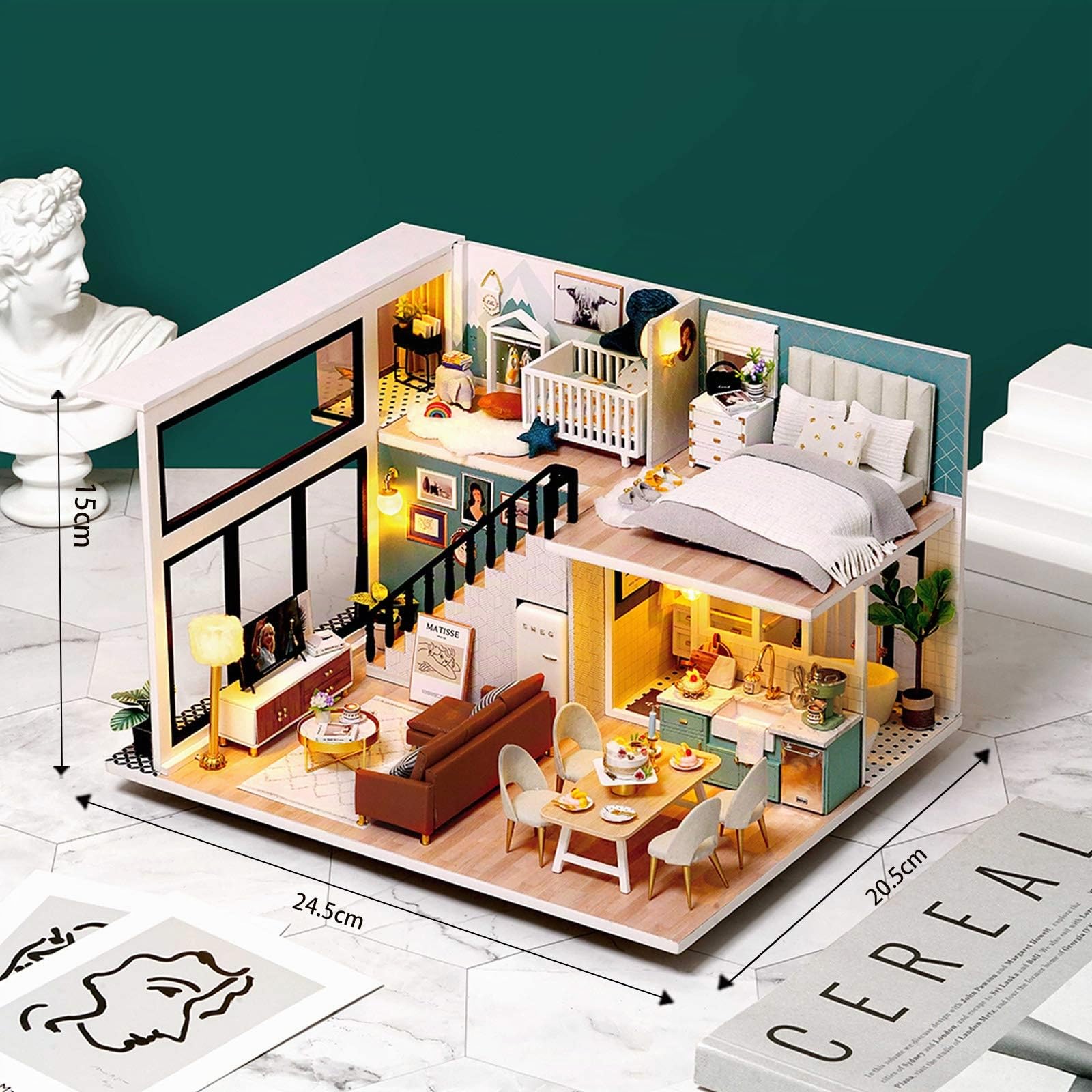 Cuteefun DIY Maison Miniature a Construire, Miniature Maison de Poupée Bois en Kit avec Musique et Mobilier, Cadeau Femme, Cadeau Adulte, Vie Confortable