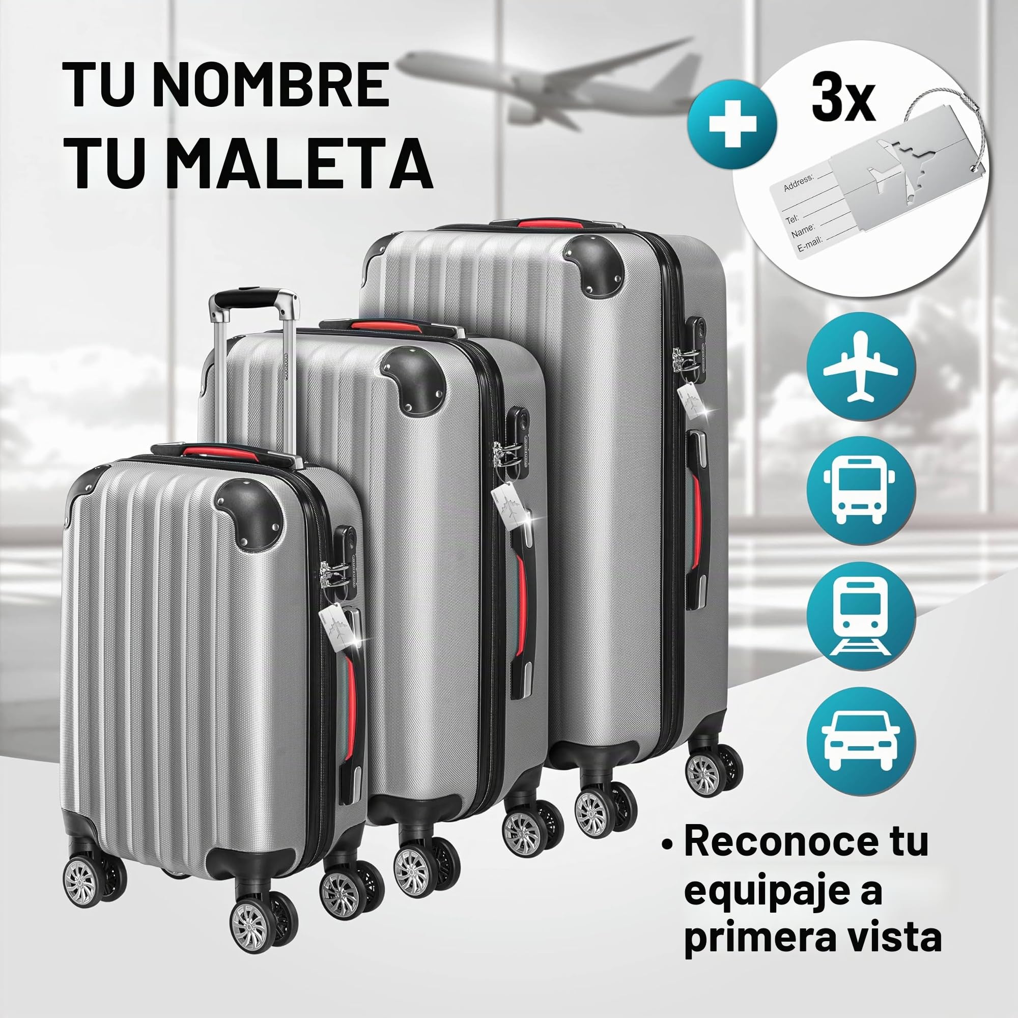 MONZANA® Juego de 3 Maletas Rígidas Incl. Accesorios Trolley Viaje M-L-XL Plata