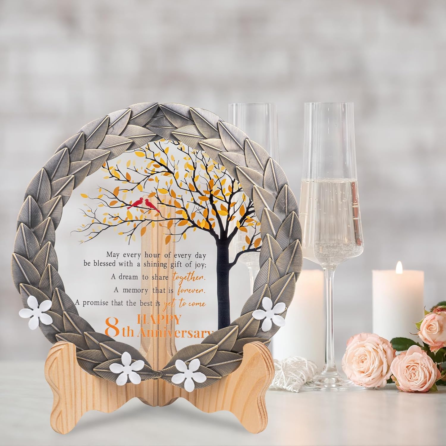 8th Anniversary Wedding Gifts Crystal Plate with Bronze Leaf Wreath - 8 Years Anniversary Wedding Unique Gifts Ideas for Parents Couple - Cardinal Style