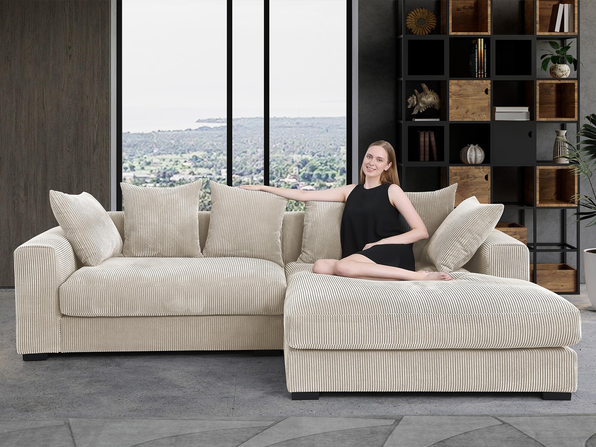 WILLIAMSPACE 109.75" Corduroy Sectional Sofa Couch for Living Room, Modern Upholstered L-Shaped Sofa with Right-Facing Chaise Lounge, Contemporary 4-Seat Couch with 6 Pillows (Beige)