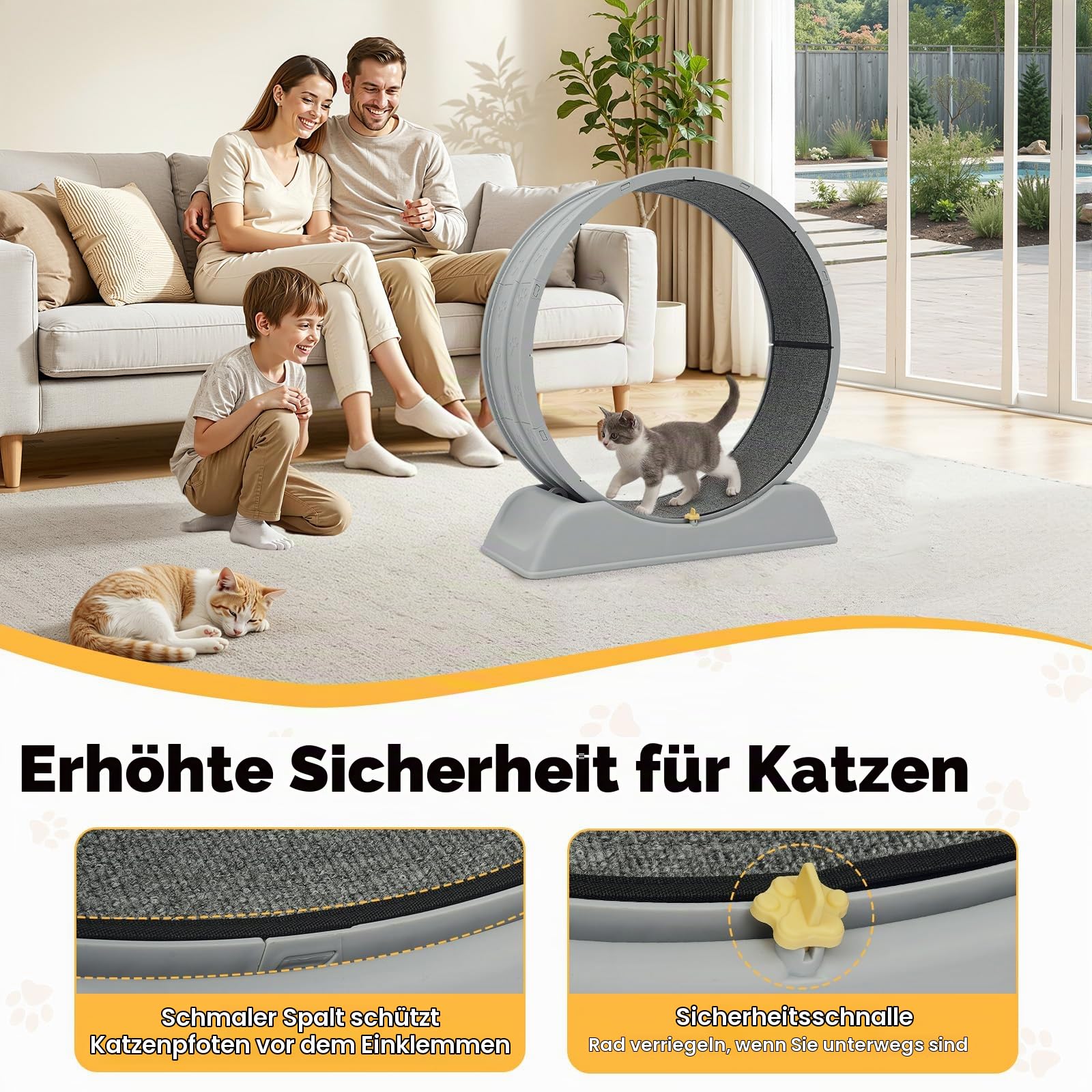 Katzenlaufrad 80cm – Großes Laufrad für Wohnungskatzen, Robuster Fitnessrad mit Sicherheitsschnalle, Teppich & Spielangel – Für alle Katzen bis 10kg (Grau)
