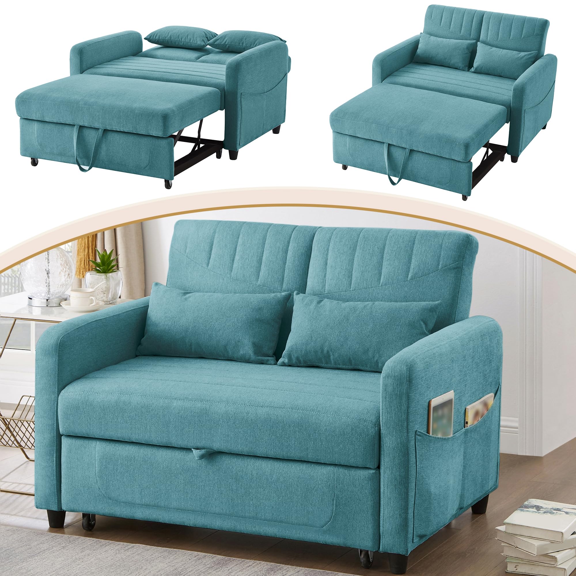 Merax Schlafsofa 2-Sitzer Sofa mit Schlaffunktion - Kleines Sofabett | 166x114 cm - Klappsofa 3-in-1 Schlafcouch Ausziehbar mit Verstellbarer Rückenlehne, Baumwoll-Leinen-Stoff, Antikes Blaugrün