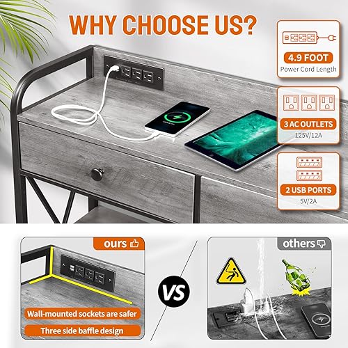 Miniatura 4 de Karl home Mesa consola con puertos USB y tomacorrientes, mesa de entrada, sofá, mesa de TV con 3 cajones de tela, estantes de almacenamiento de 3