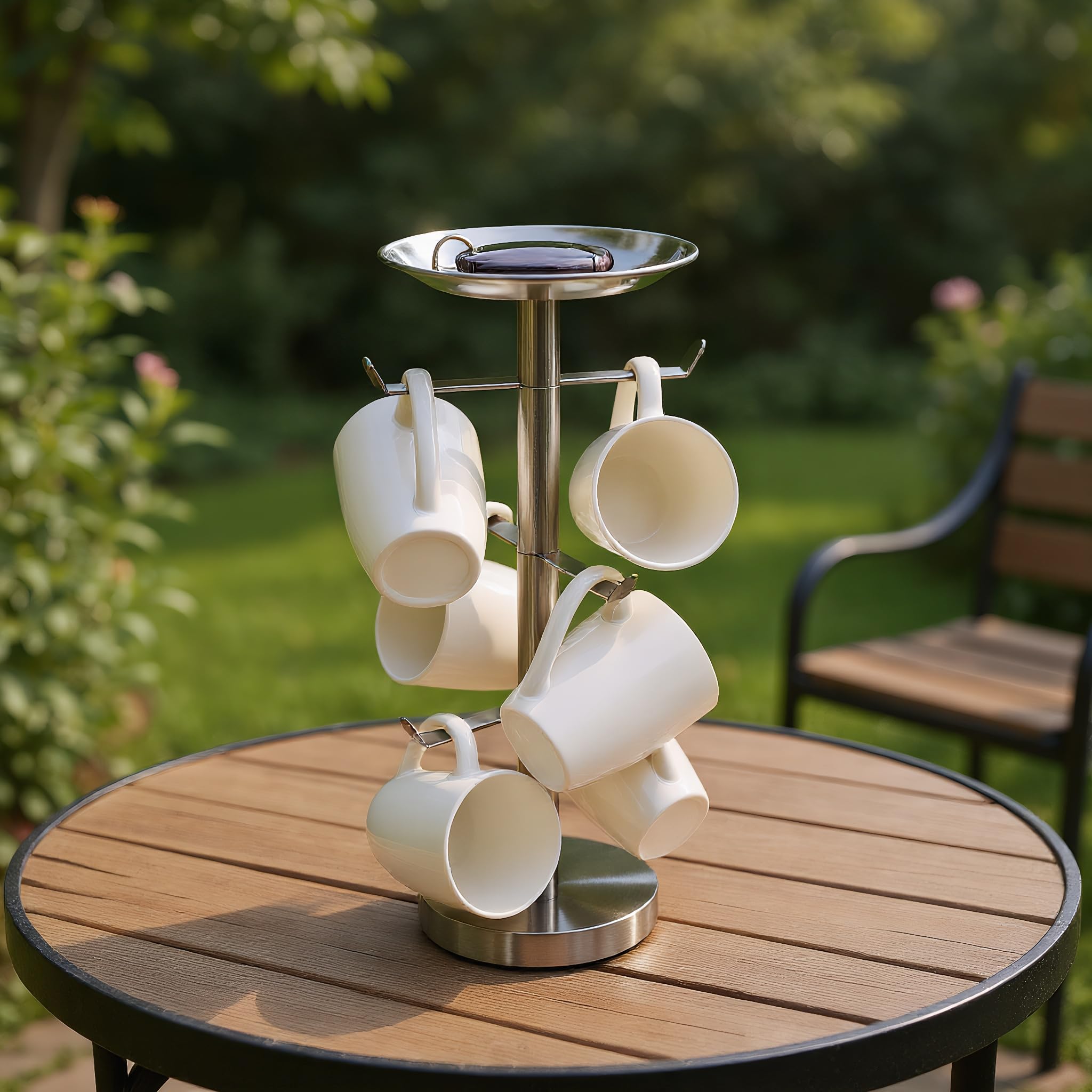 Priseen Coffee Mug Tree, Cup Holder for 6 Cups, with Tray for Phone, Tissues or Capsule (Brushed Nickel)