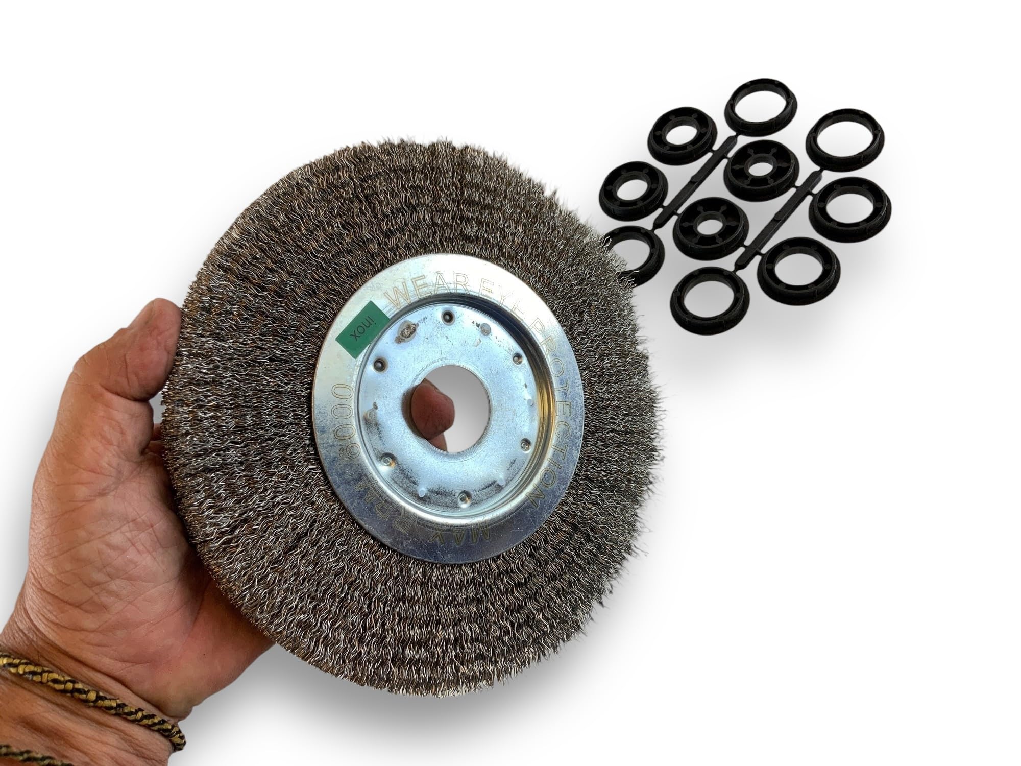 Brosse circulaire INOX | Ø 200 mm | Epaisseur 1 rang | Fil dur 0.30 mm ondulé | Alésage 32 mm + réducteur bague 25/22/20/16/12 mm | Touret meuleuse affûteuse ponceuse | Kibros 218201IT