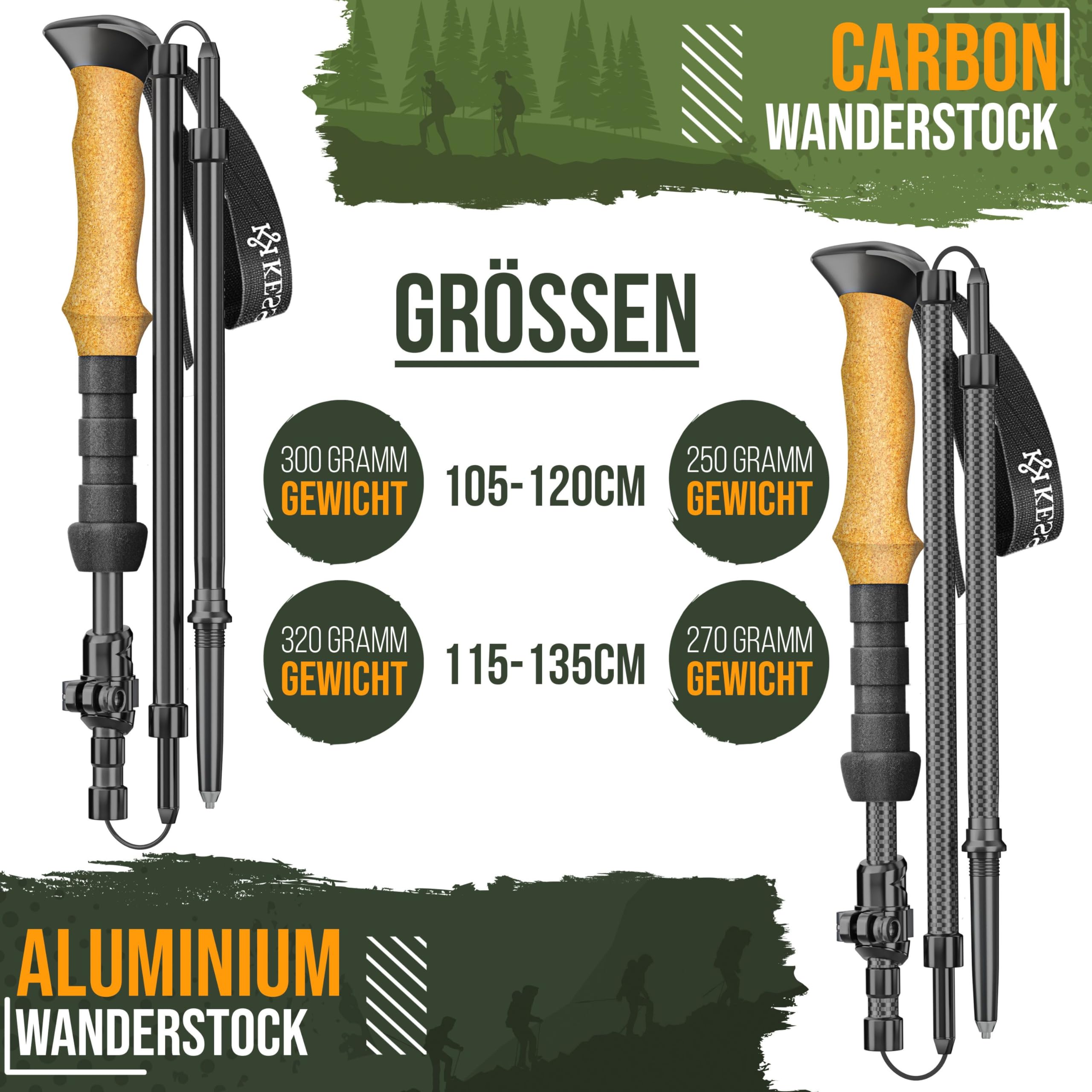 KESSER® Wanderstöcke Aluminium oder Carbon mit Korkgriff | Nordic Walking Stöcke für Damen & Herren faltbar oder Teleskop Trekkingstöcke zum Wandern, Trekking, Skitour & Bergsport inkl. Camping-Licht